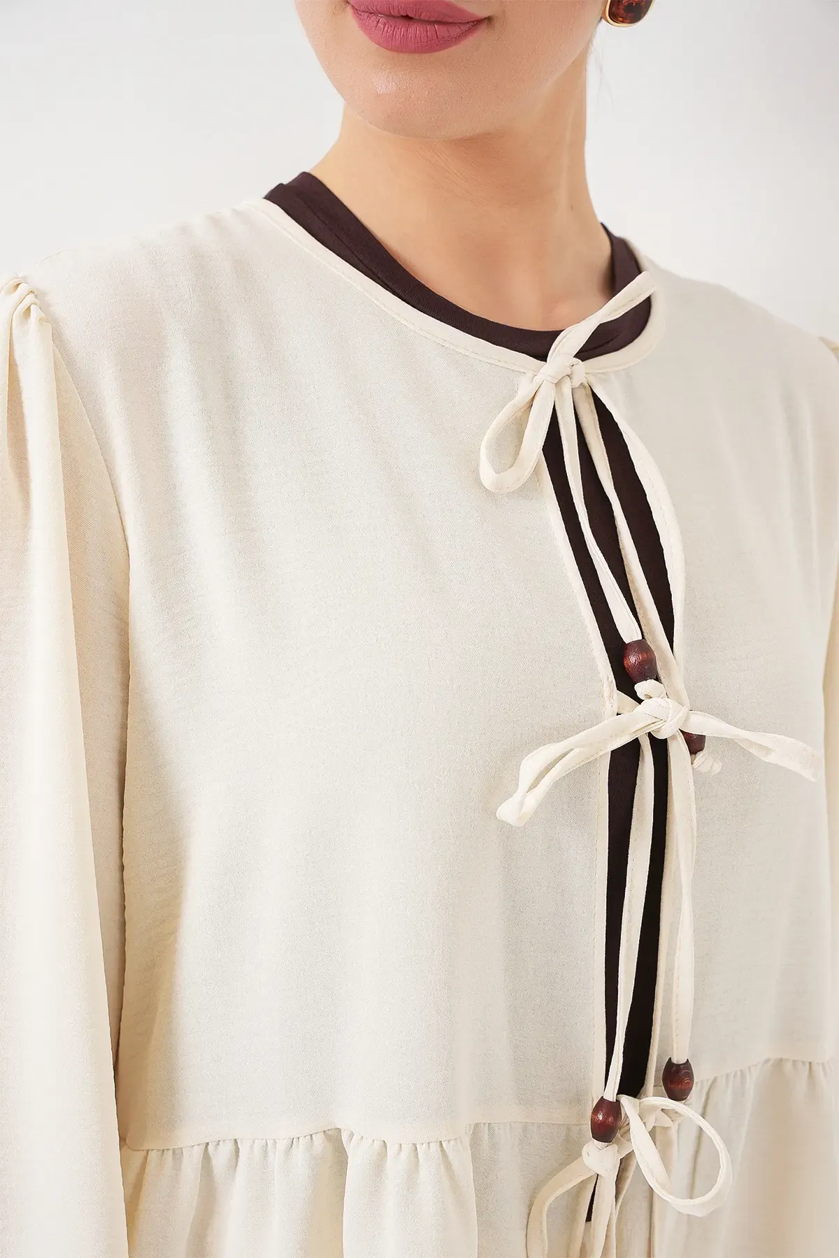 Kadın Önü Bağcıklı Tunik Pantolon İkili Takım 6744 - Ekru