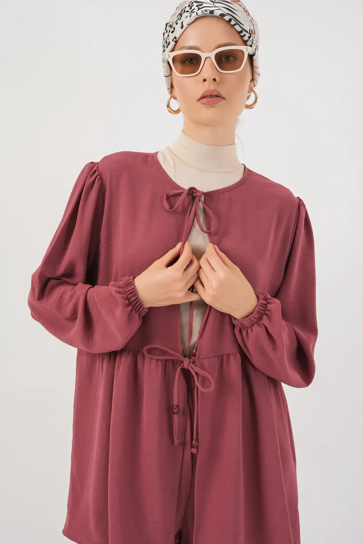 Kadın Önü Bağcıklı Tunik Pantolon İkili Takım 6744 - Gül Kurusu