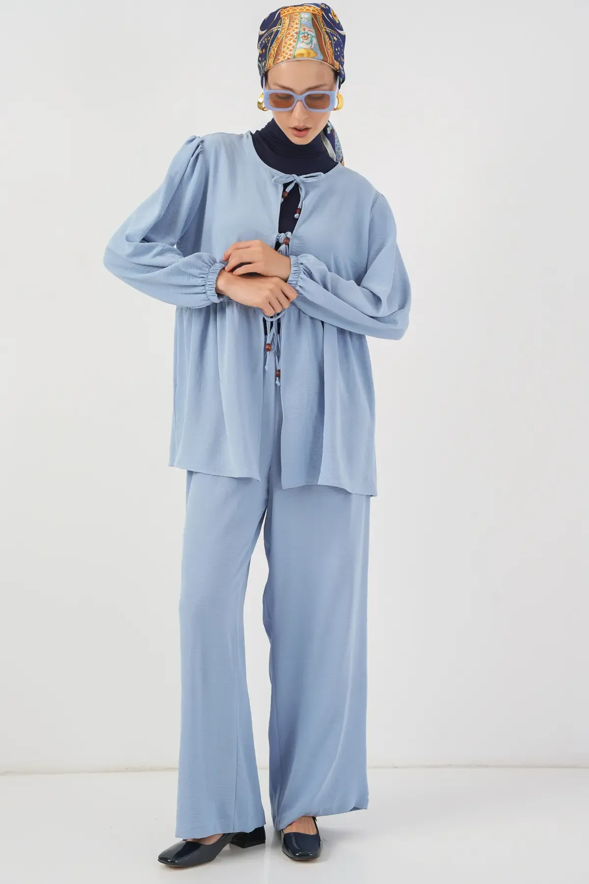 Kadın Önü Bağcıklı Tunik Pantolon İkili Takım 6744 - Mavi