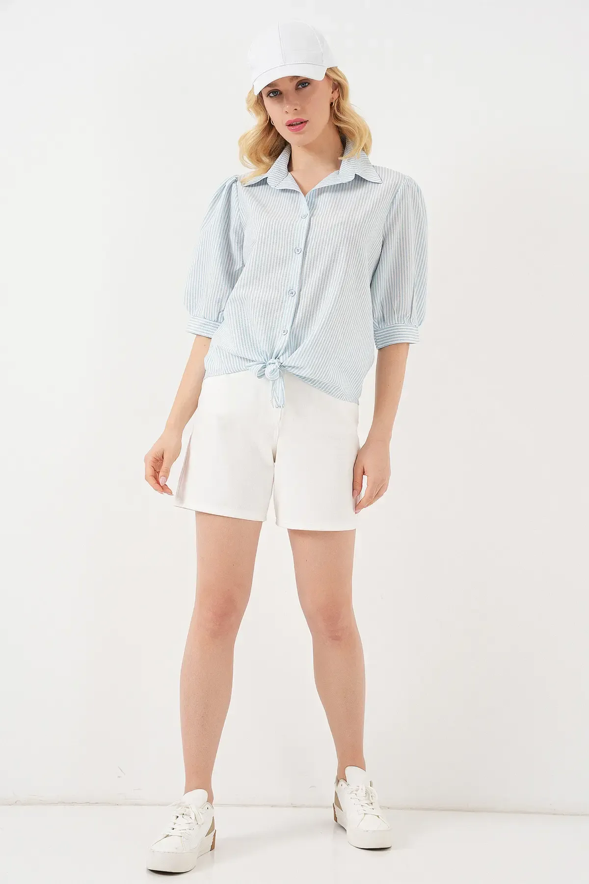 Kadın Önü Bağlamalı Çizgili Gömlek 20323 - Mavi