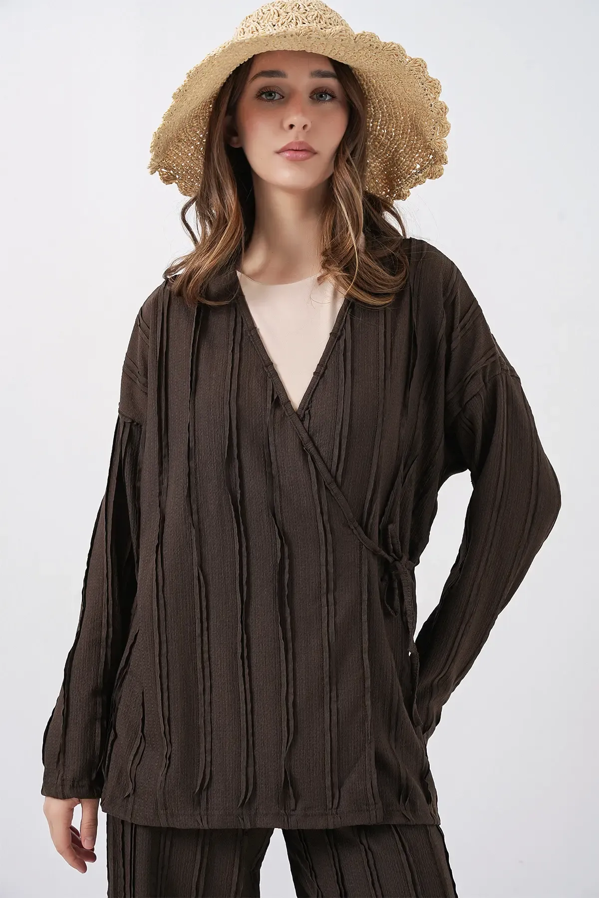 Kadın Örme Kimono Pantolon İkili Takım 30067 - Kahverengi