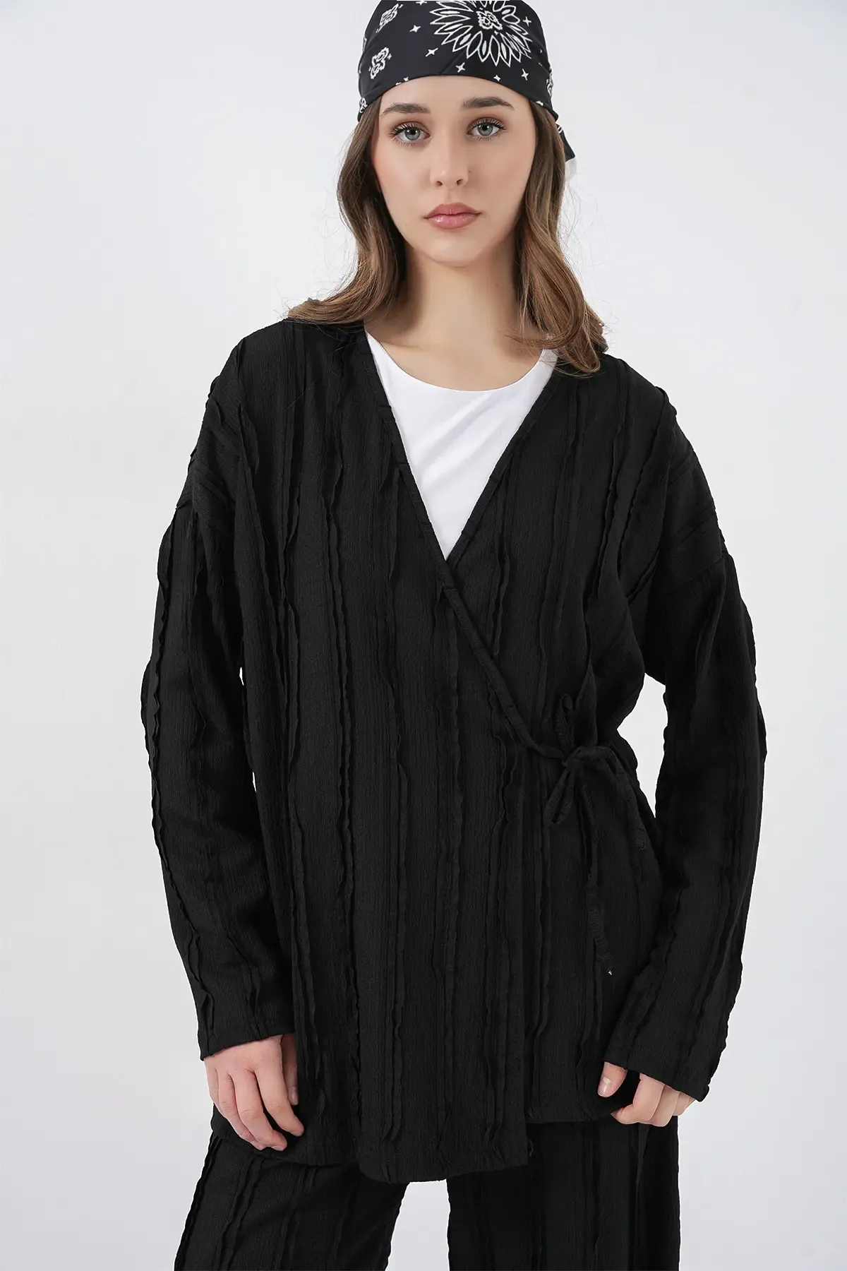 Kadın Örme Kimono Pantolon İkili Takım 30067 - Siyah