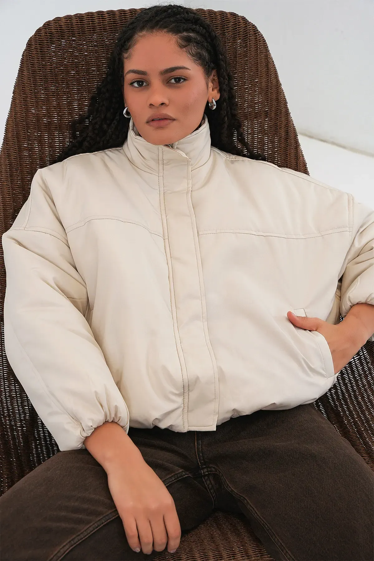 Kadın Oversize Bomber Şişme Mont 5124 - Ekru