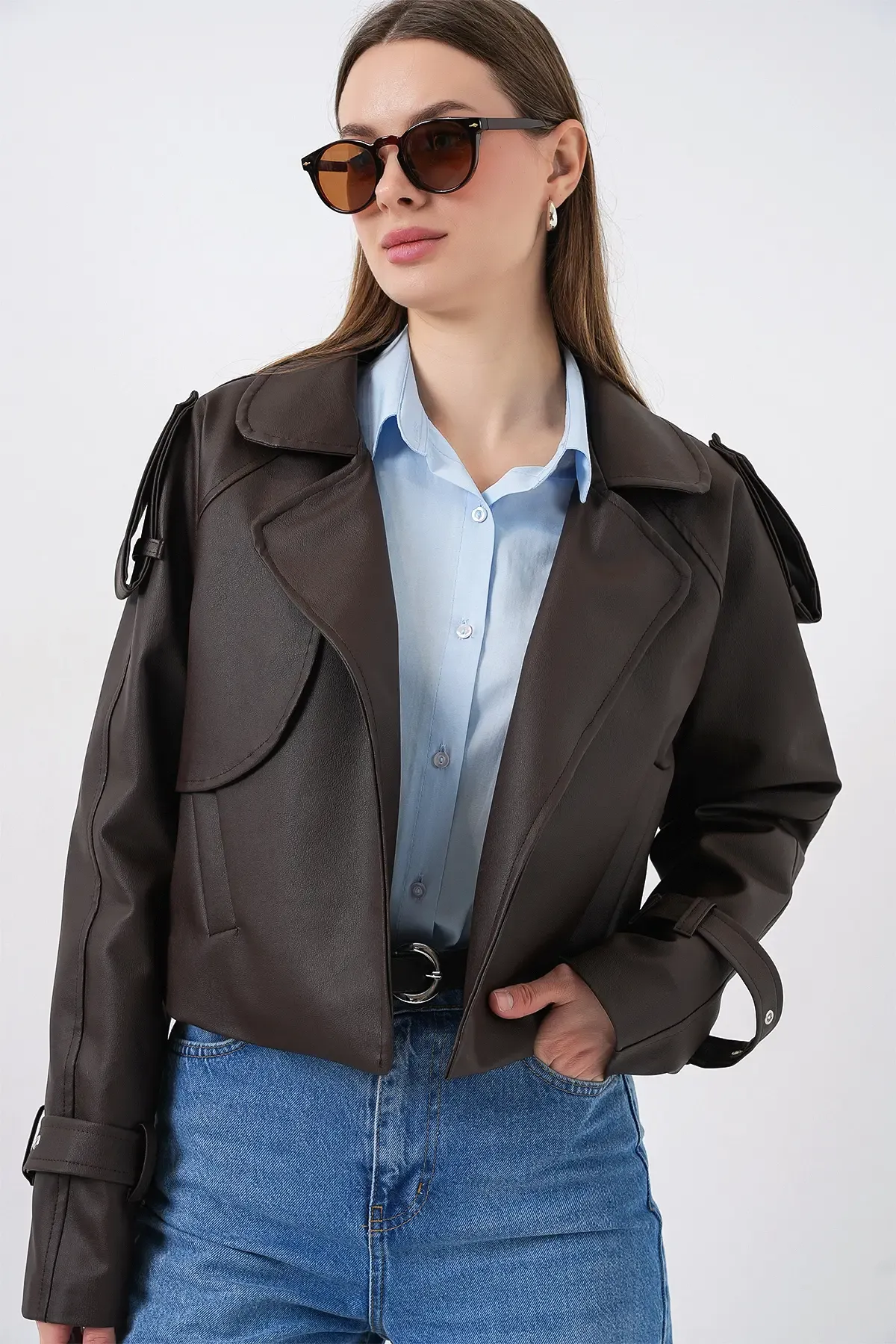 Kadın Oversize Deri Mont Ceket 1047 - Kahverengi