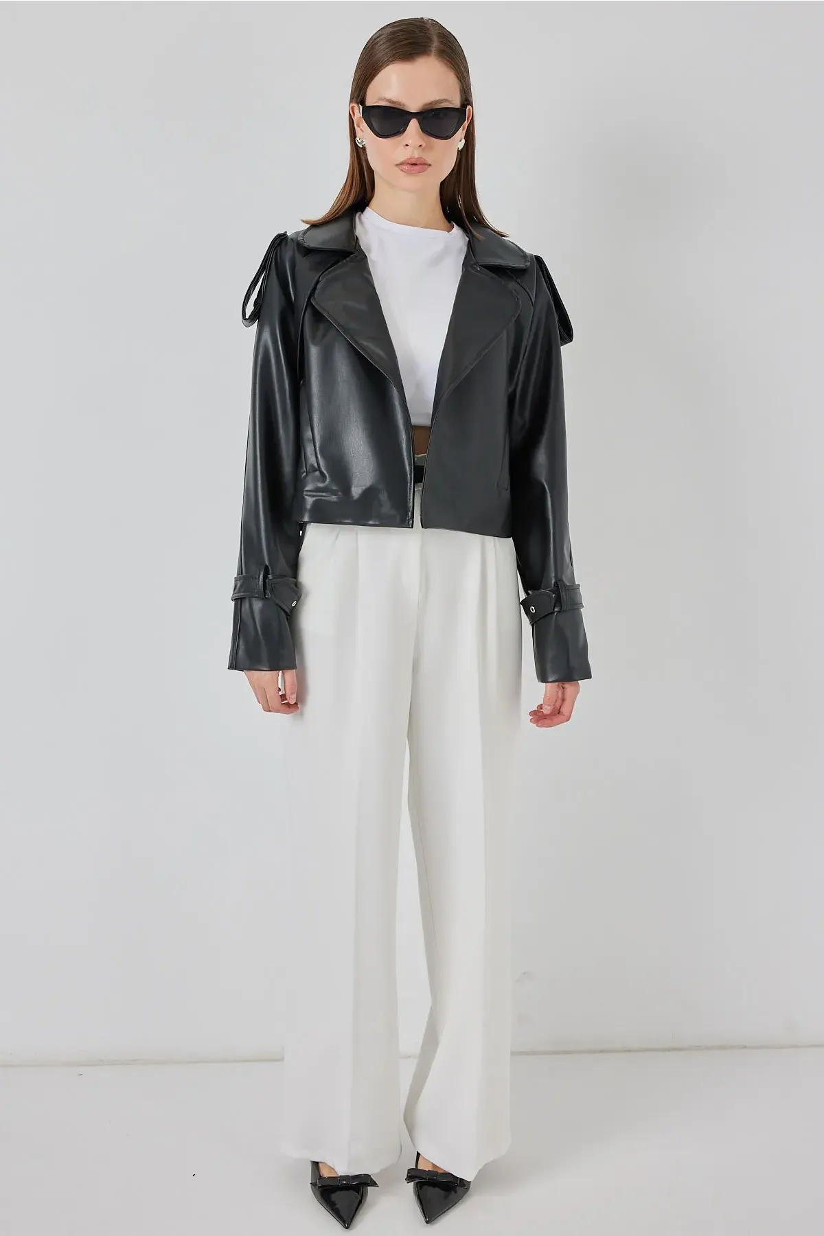 Kadın Oversize Deri Mont Ceket 1047 - Siyah