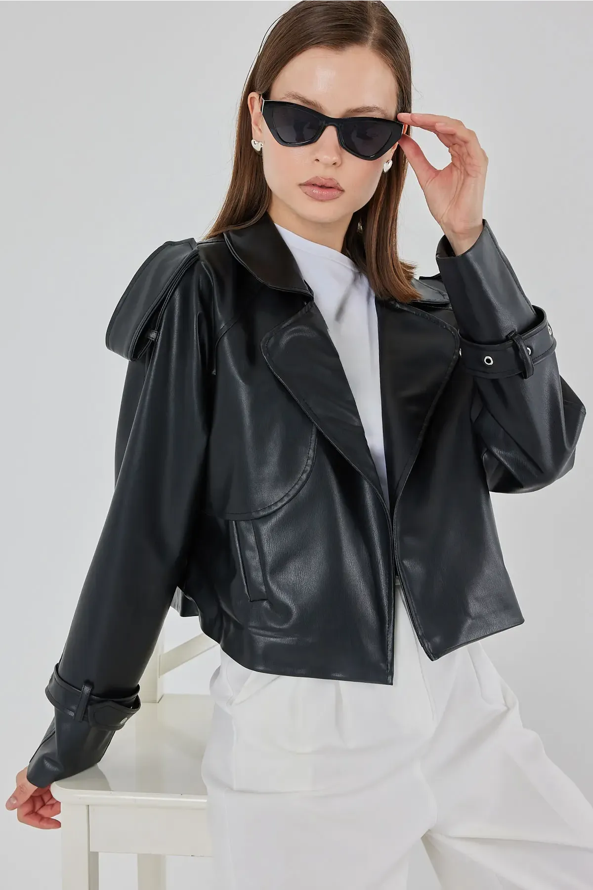 Kadın Oversize Deri Mont Ceket 1047 - Siyah