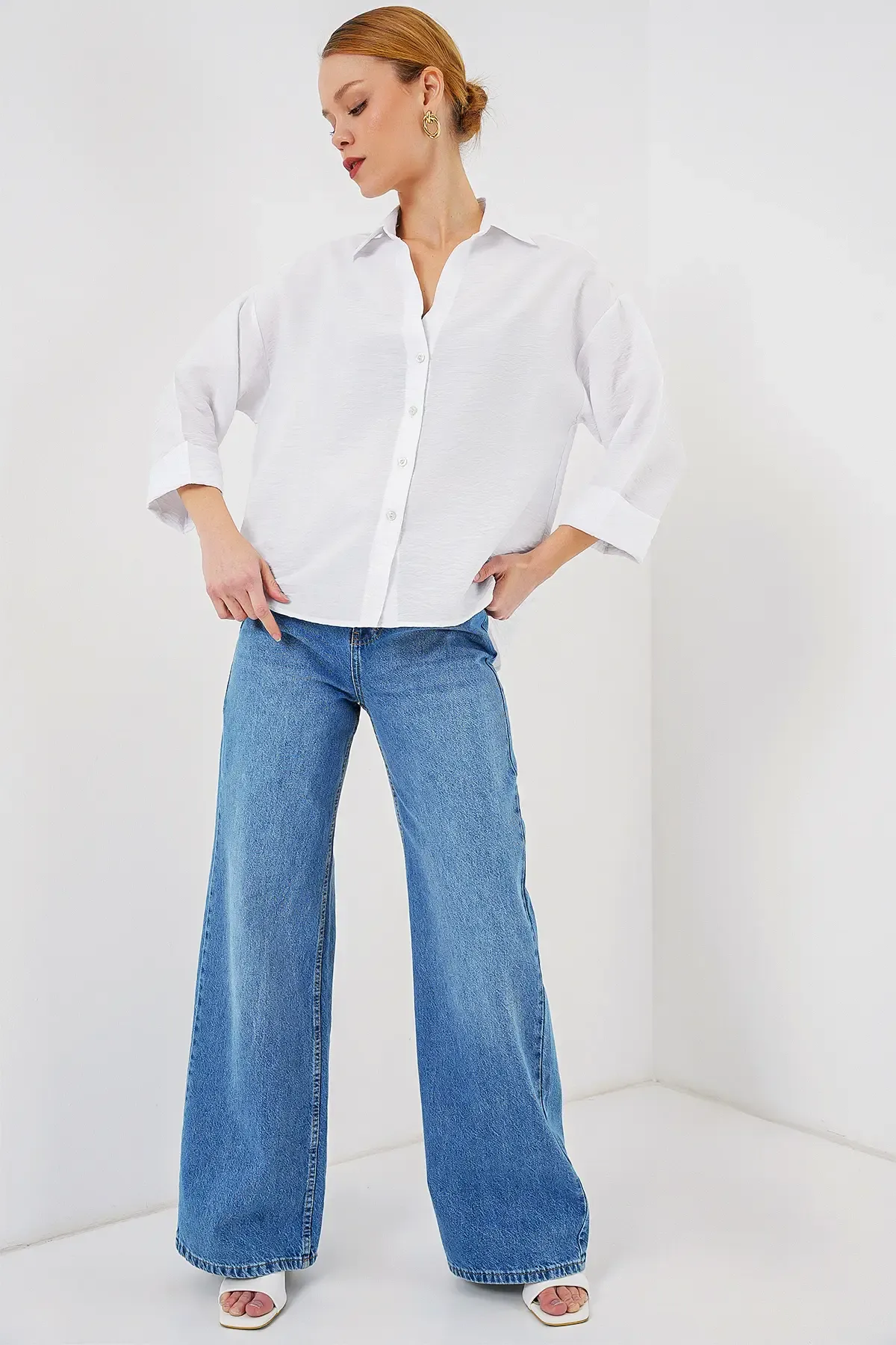 Kadın Oversize Kısa Kol Gömlek 20315 - Beyaz