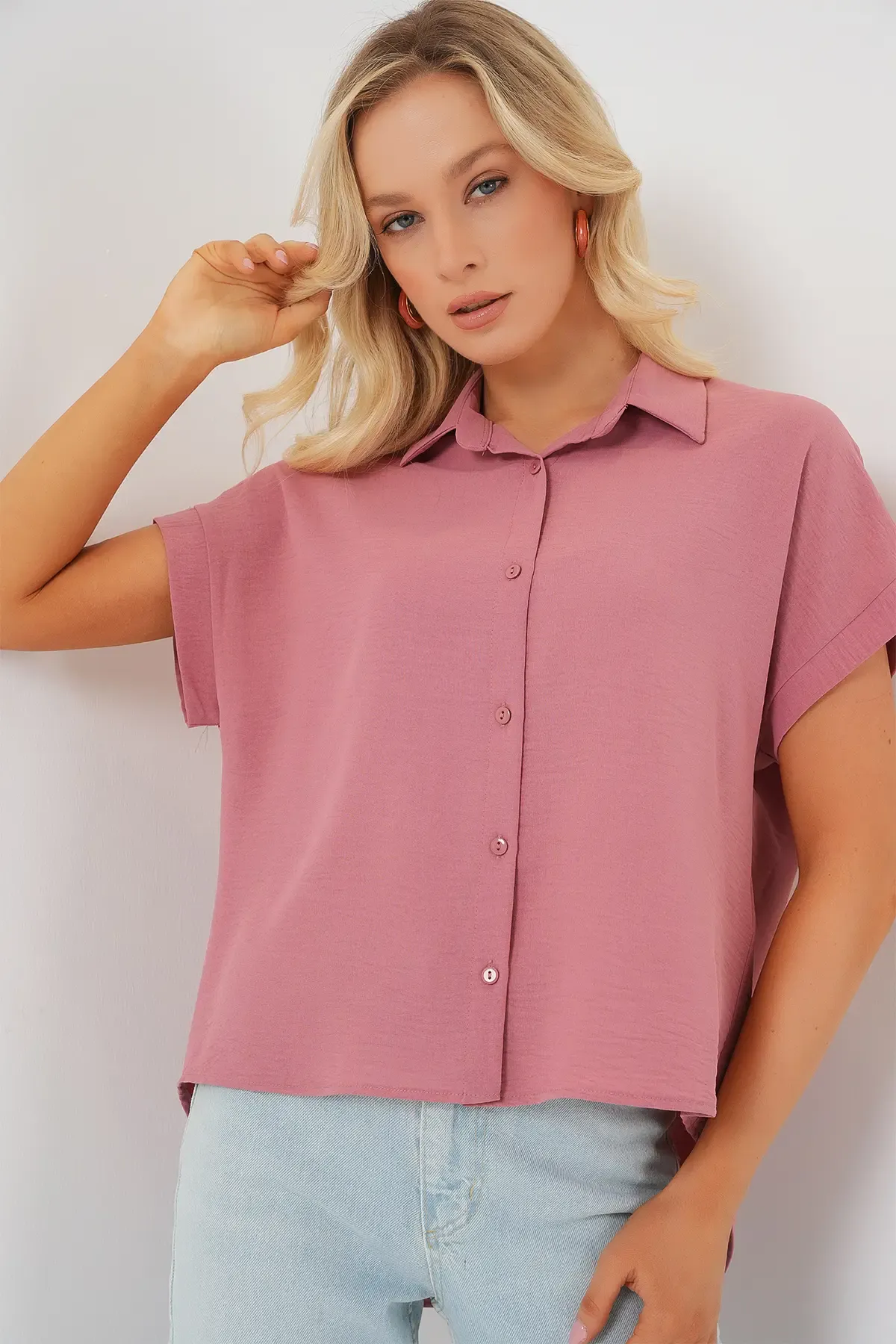 Kadın Oversize Kısa Kol Gömlek 20322 - Pembe