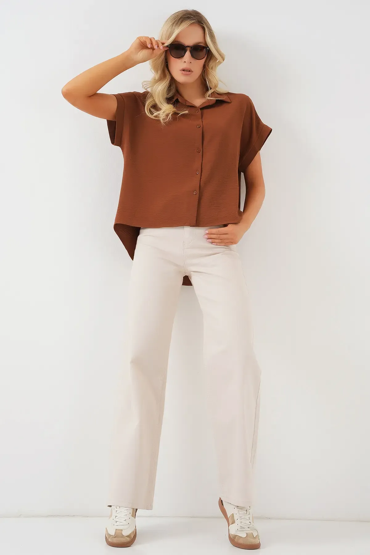 Kadın Oversize Kısa Kol Gömlek 20322 - Taba