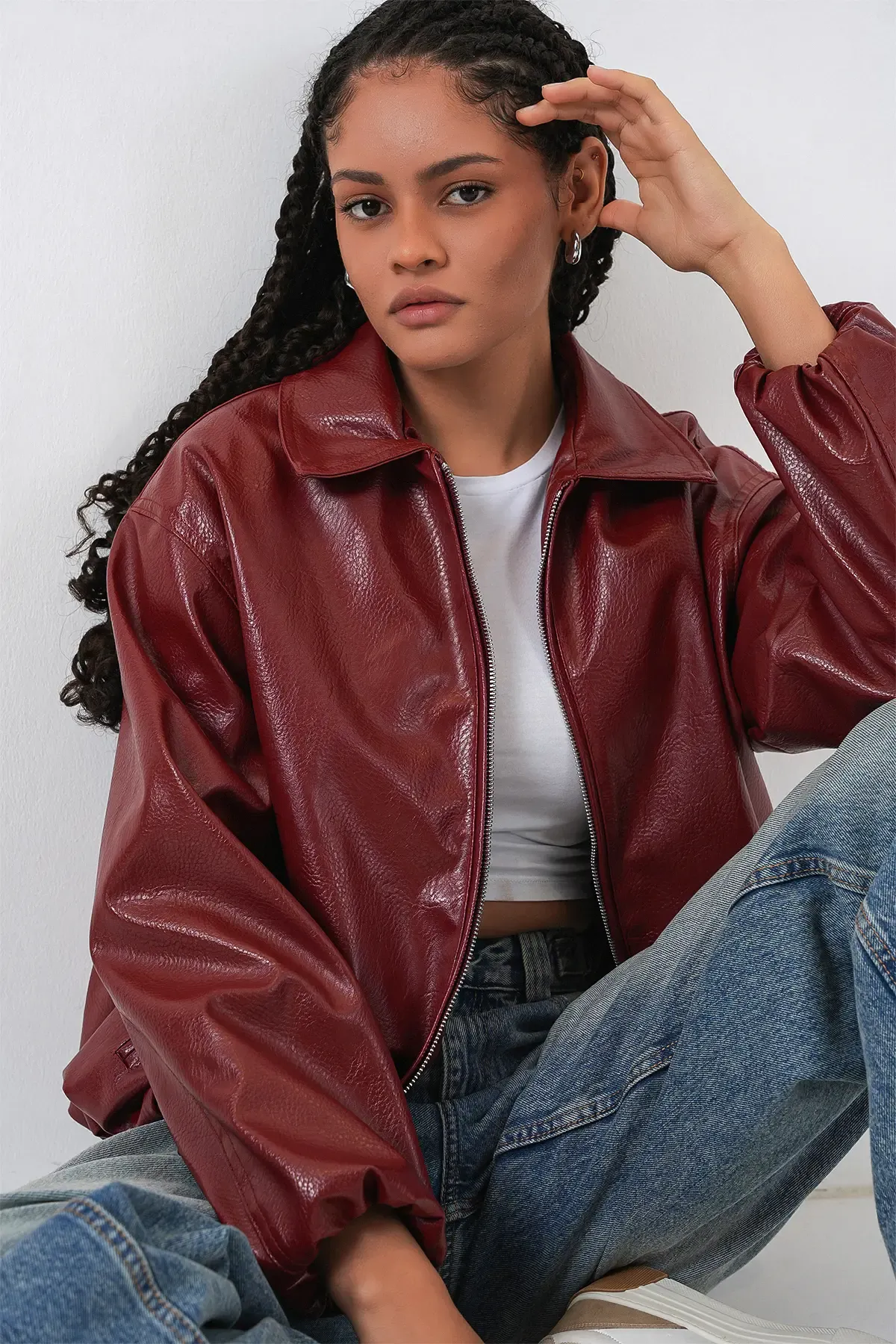 Kadın Oversize Suni Deri Ceket 1049 - Kiremit