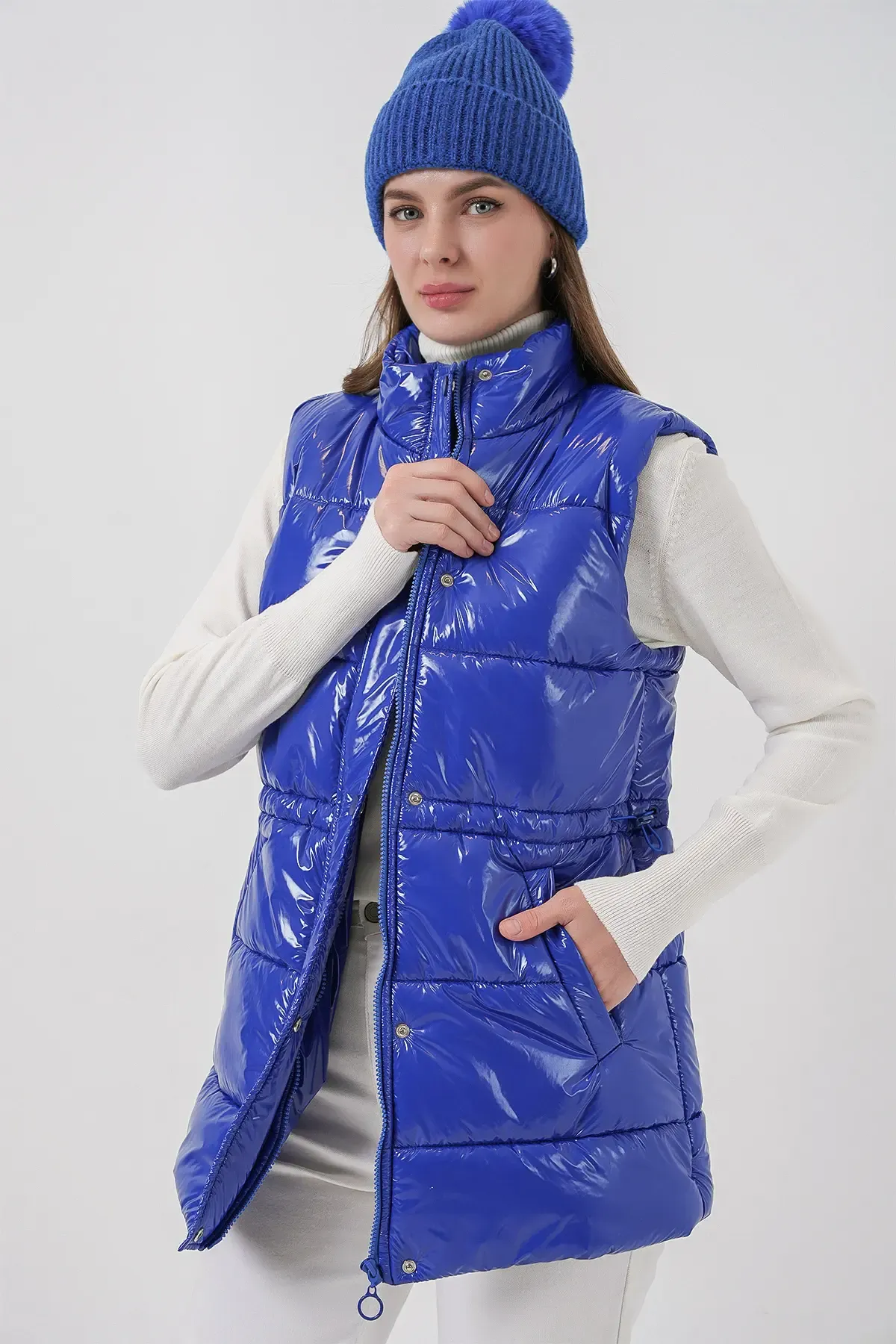 Kadın Parlak Şişme Yelek 5218 - Saks