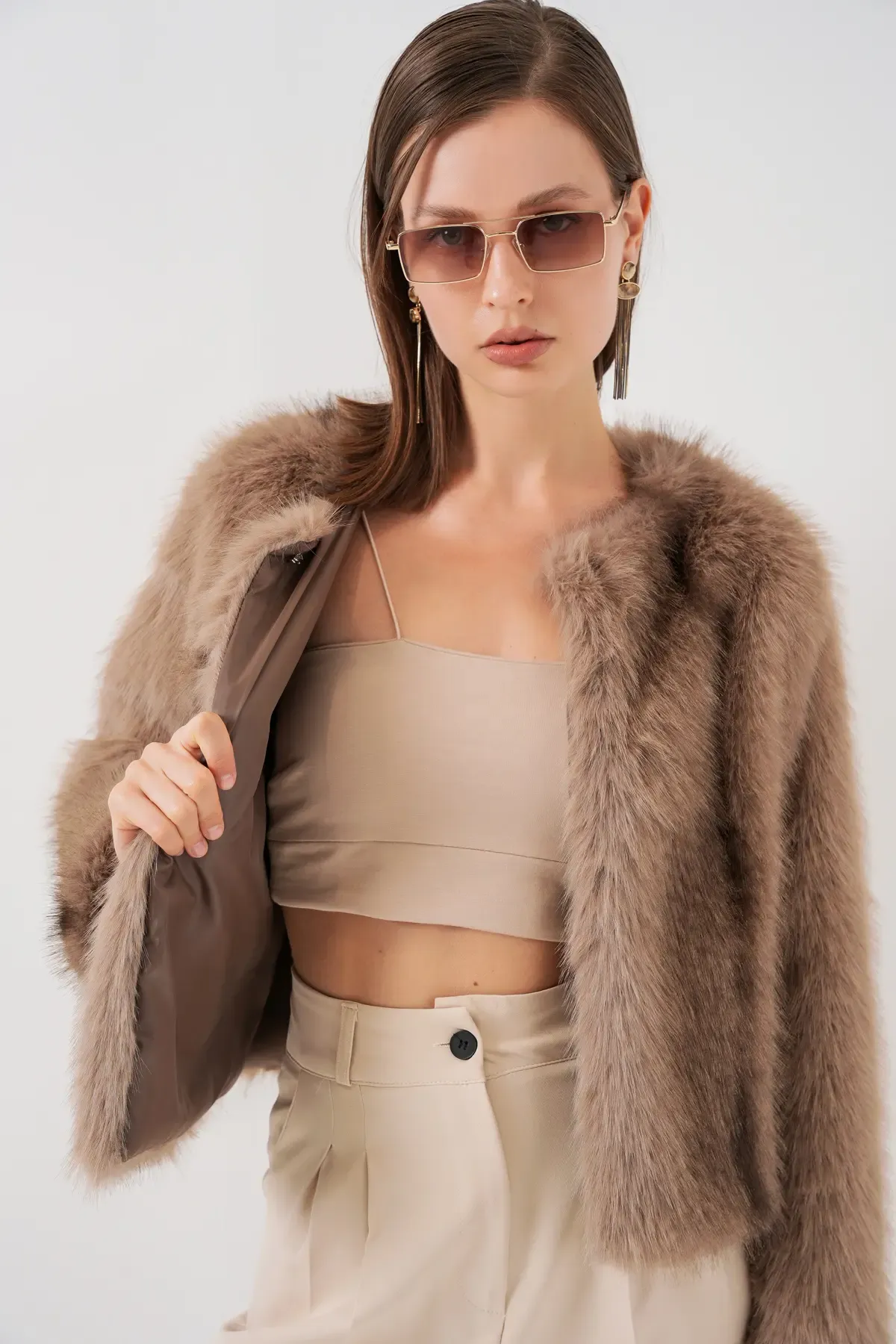 Kadın Peluş Kürk Mont 5225 - Bisküvi