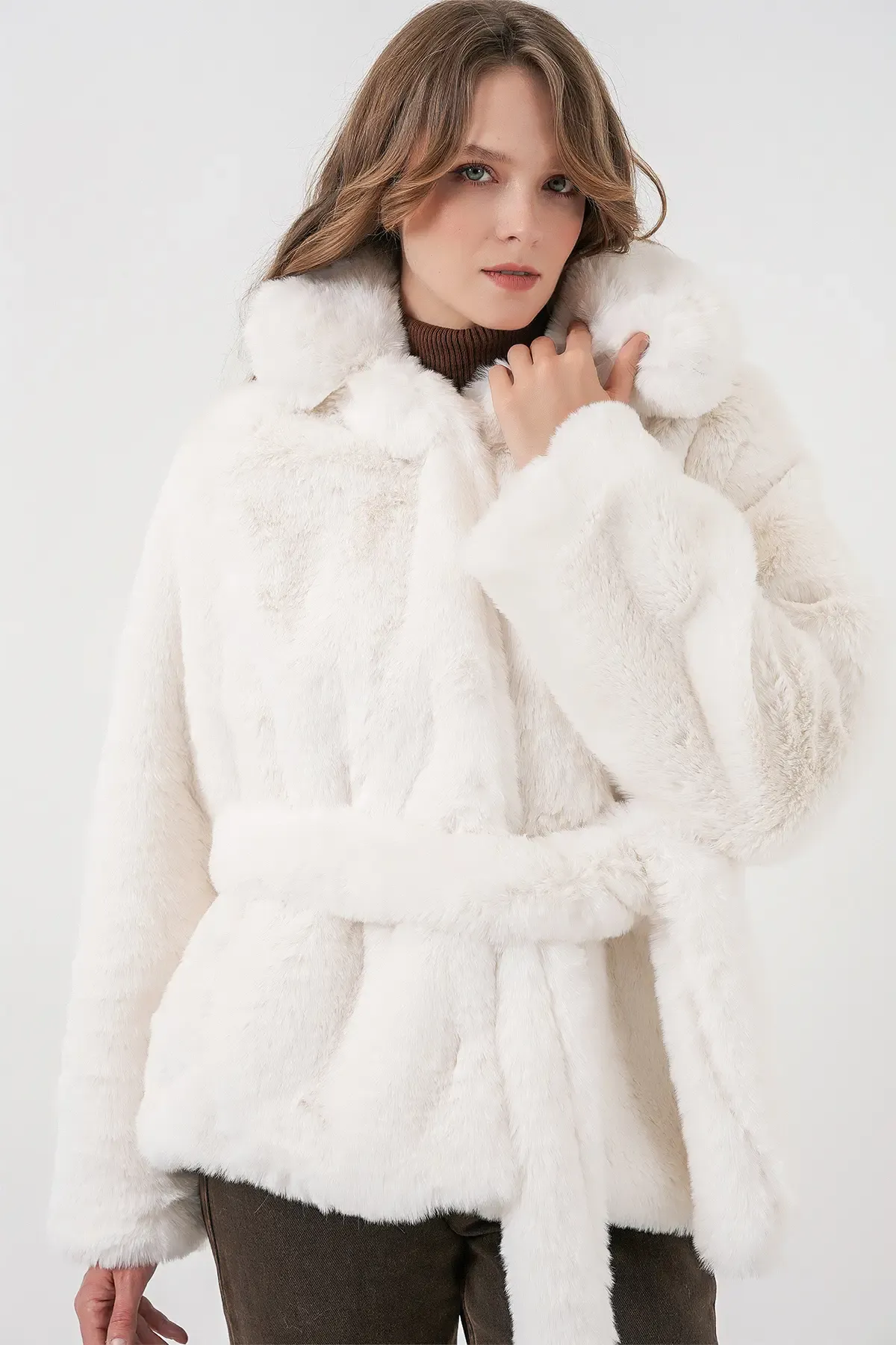 Kadın Peluş Kürk Mont 5234 - Ekru