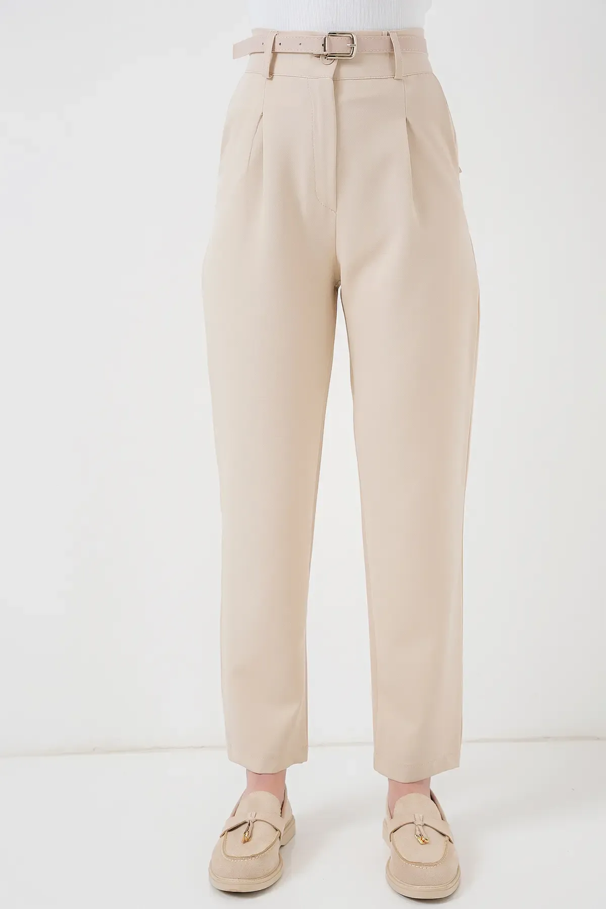 Kadın Pileli Kemerli Kumaş Pantolon 6725 - Krem