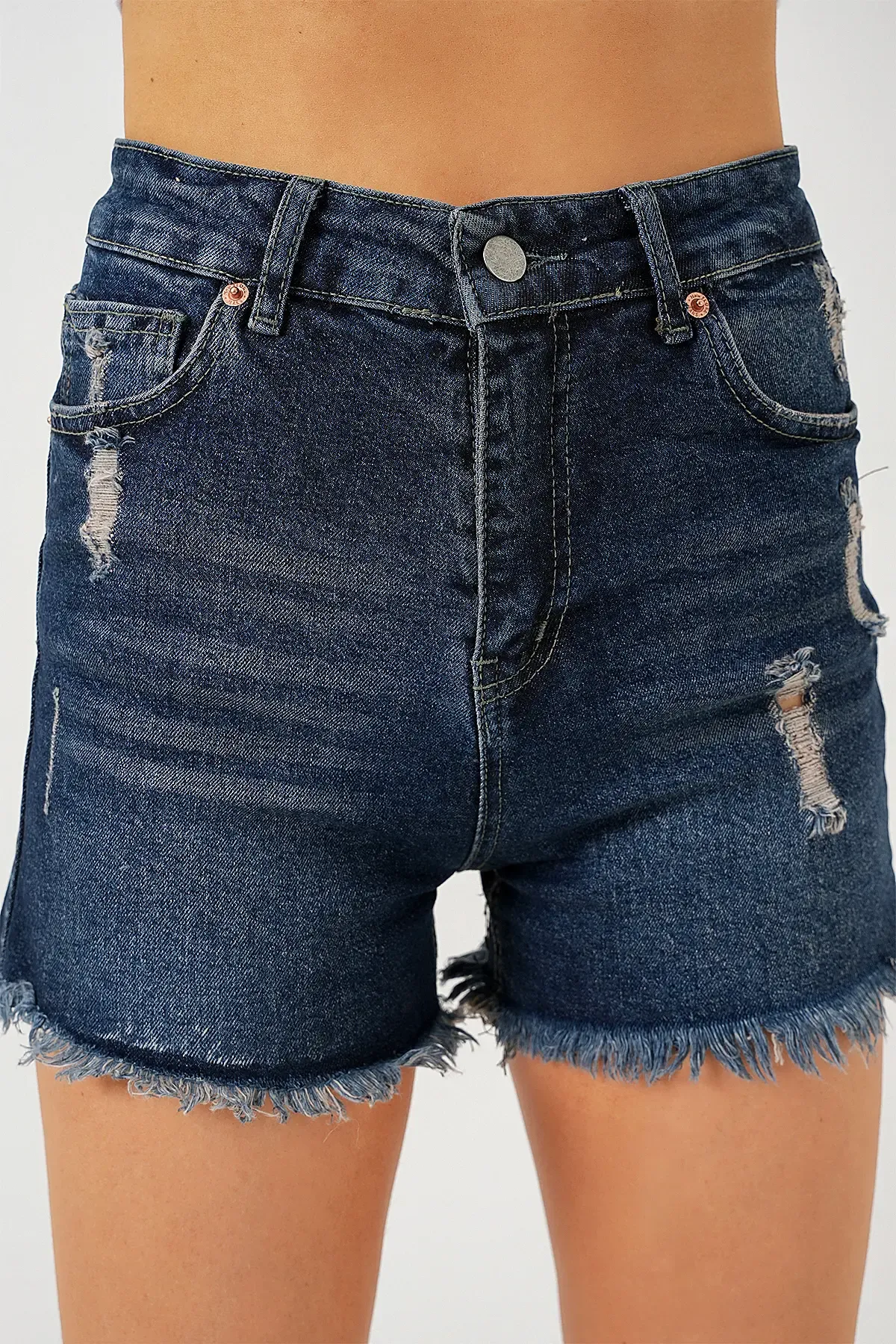 Kadın Püsküllü Kot Şort 5338 - Lacivert