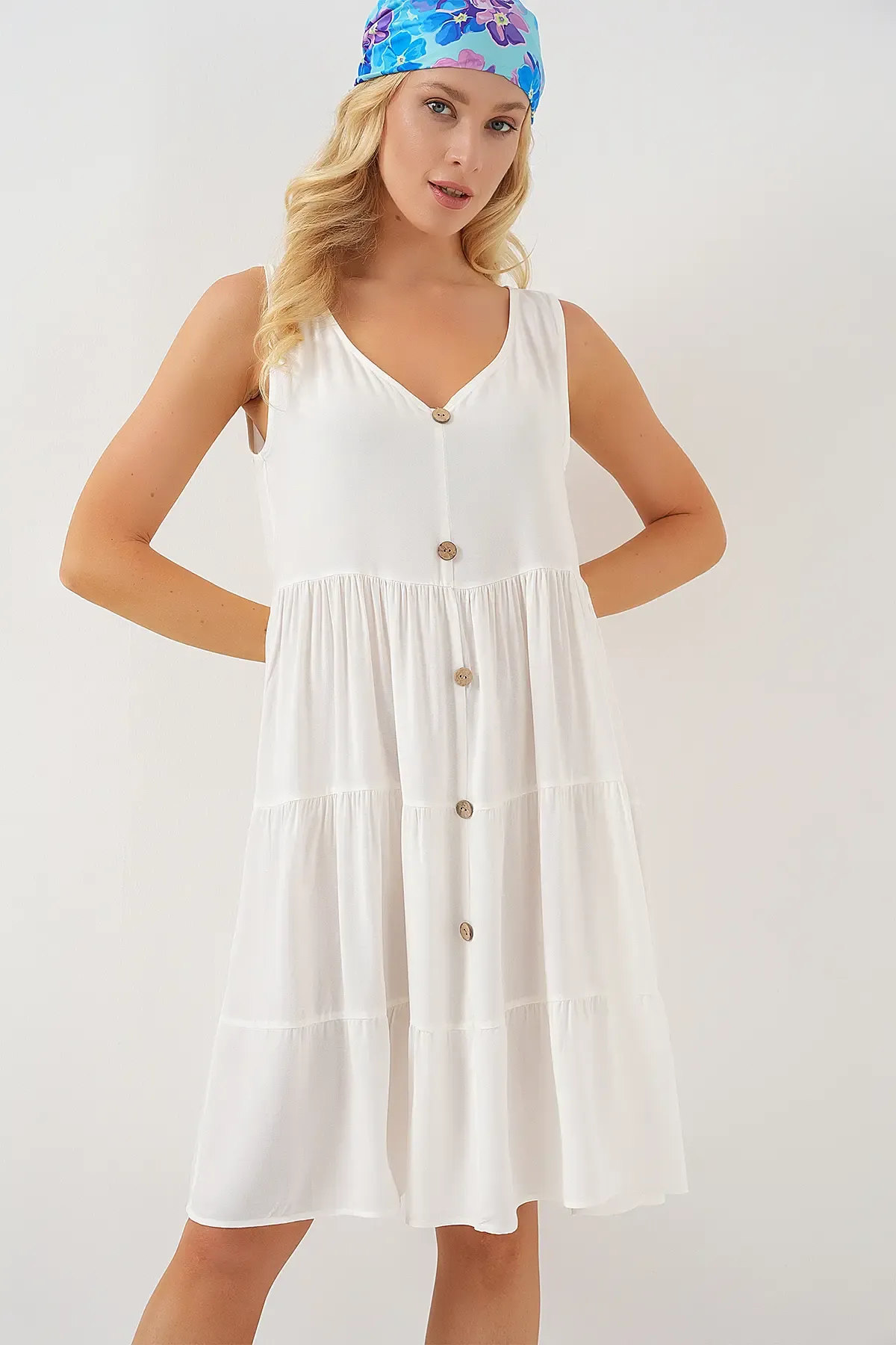 Kadın Sıfır Kol Düğmeli Kısa Elbise 2571 - Beyaz