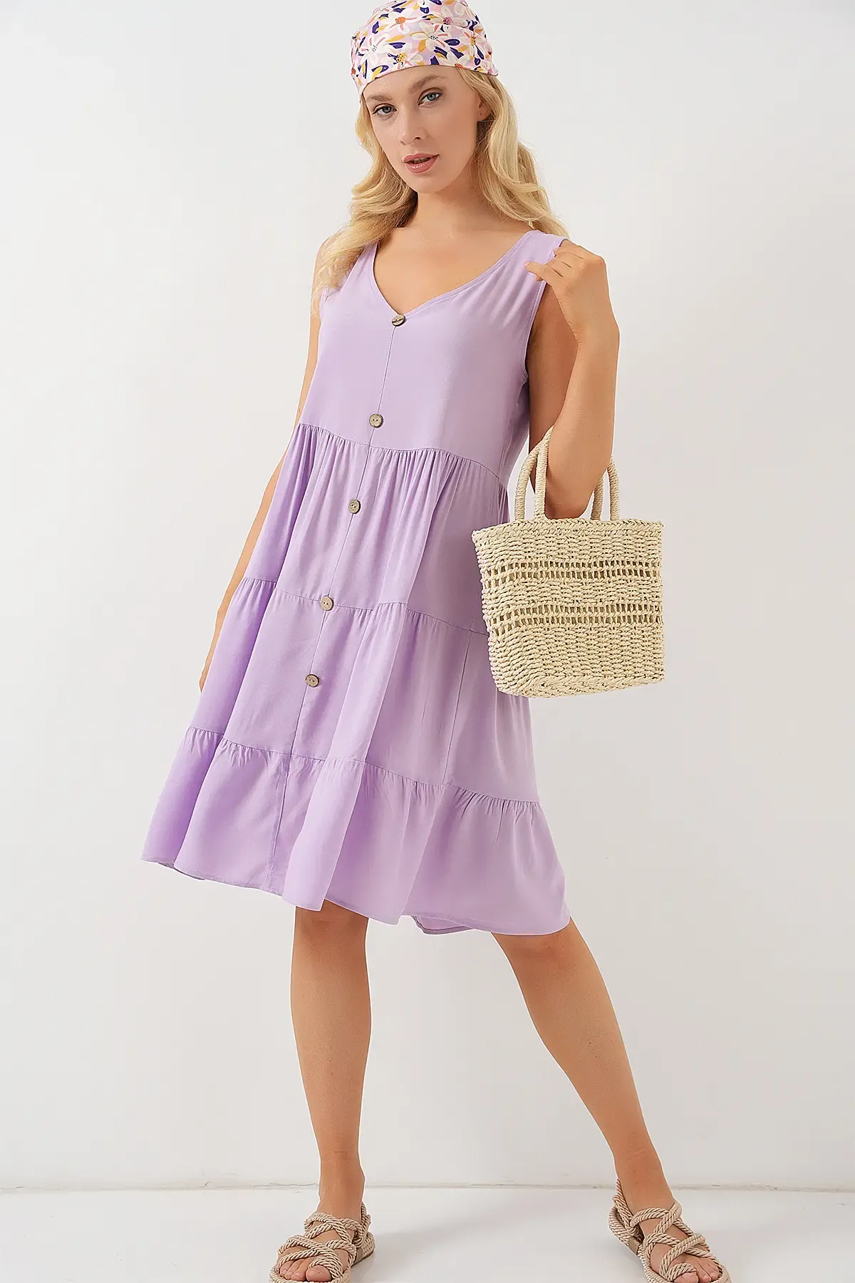 Kadın Sıfır Kol Düğmeli Kısa Elbise 2571 - Lila