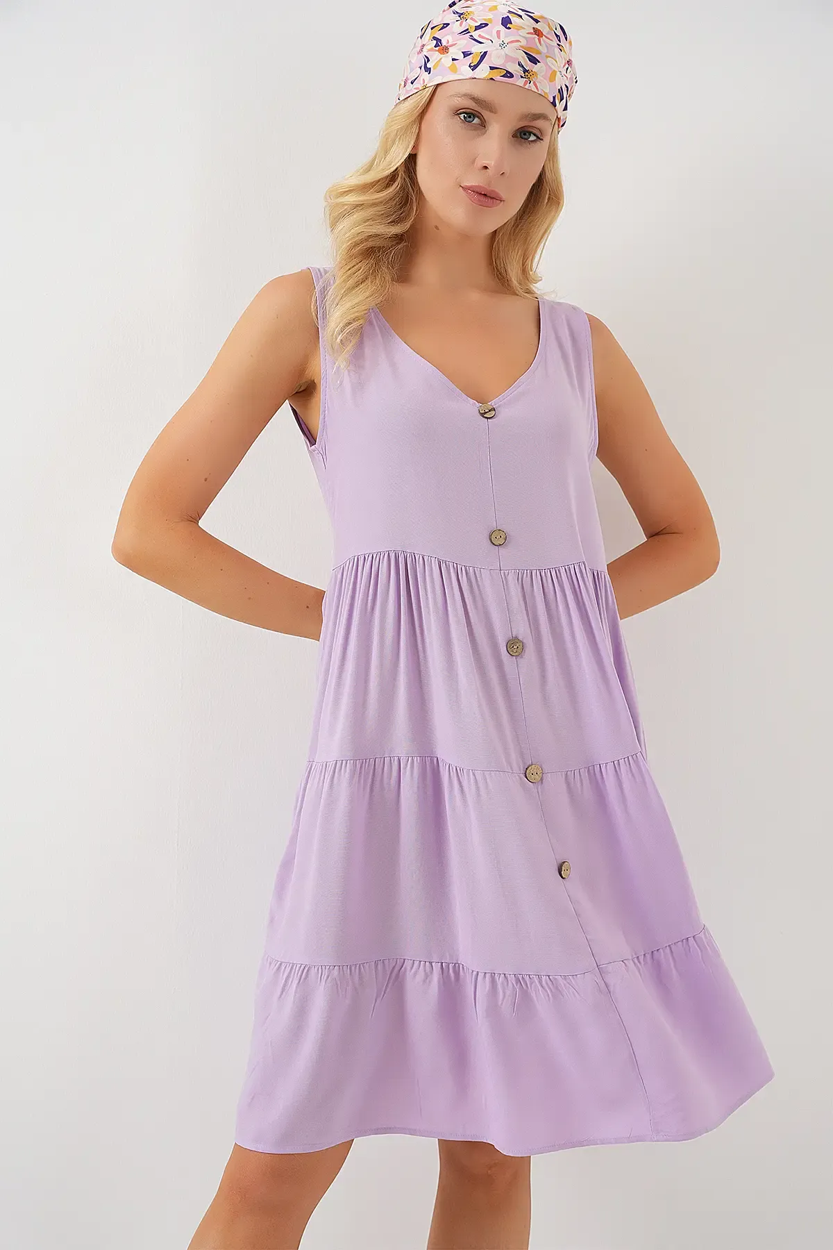 Kadın Sıfır Kol Düğmeli Kısa Elbise 2571 - Lila