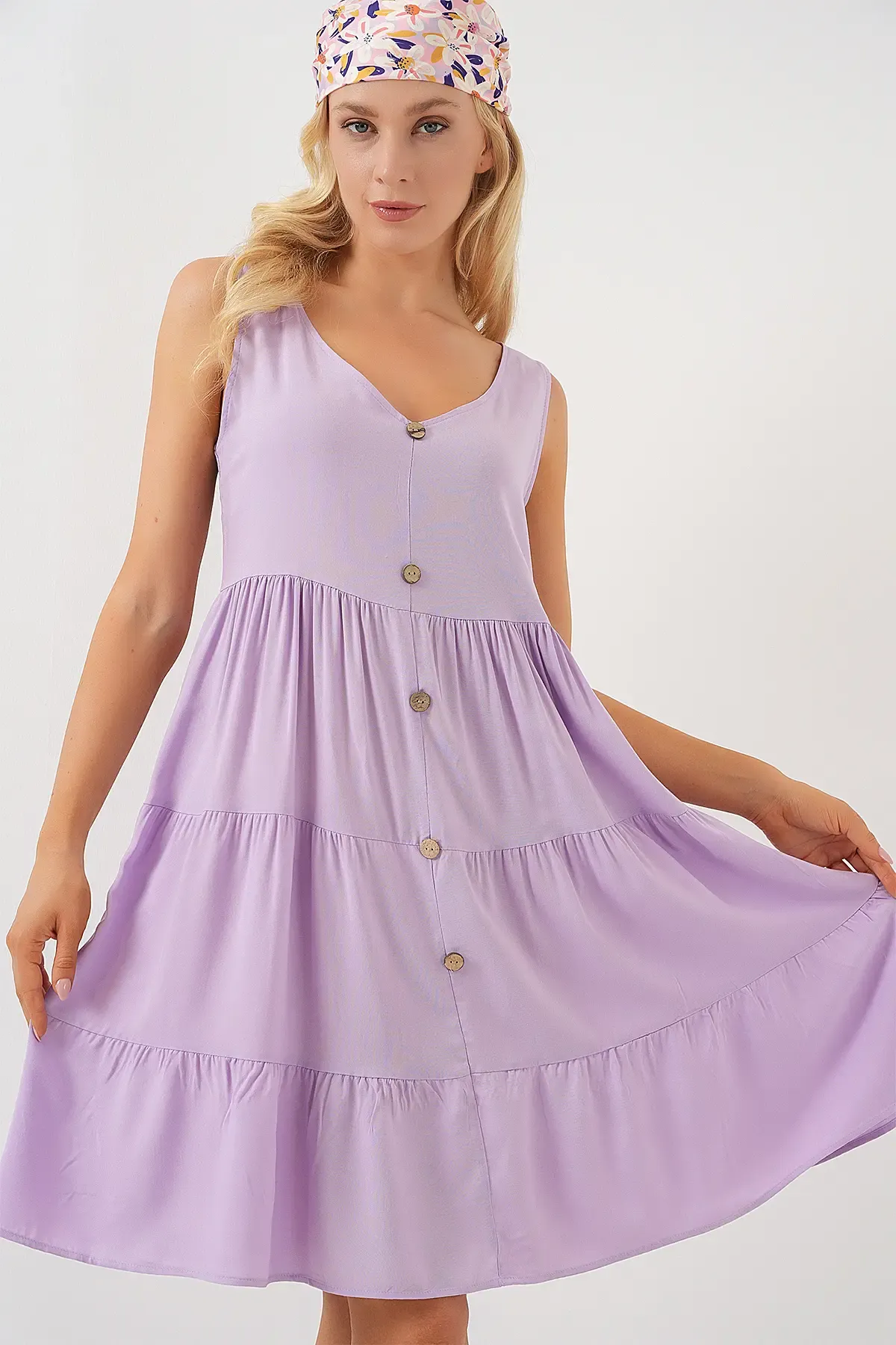 Kadın Sıfır Kol Düğmeli Kısa Elbise 2571 - Lila