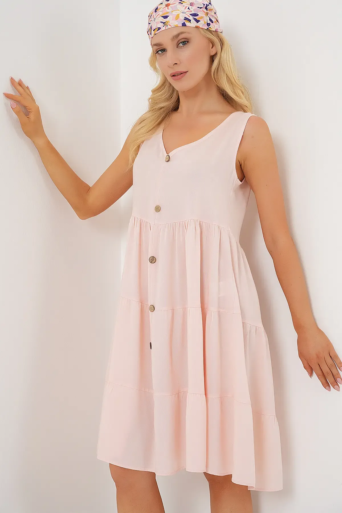 Kadın Sıfır Kol Düğmeli Kısa Elbise 2571 - Pudra