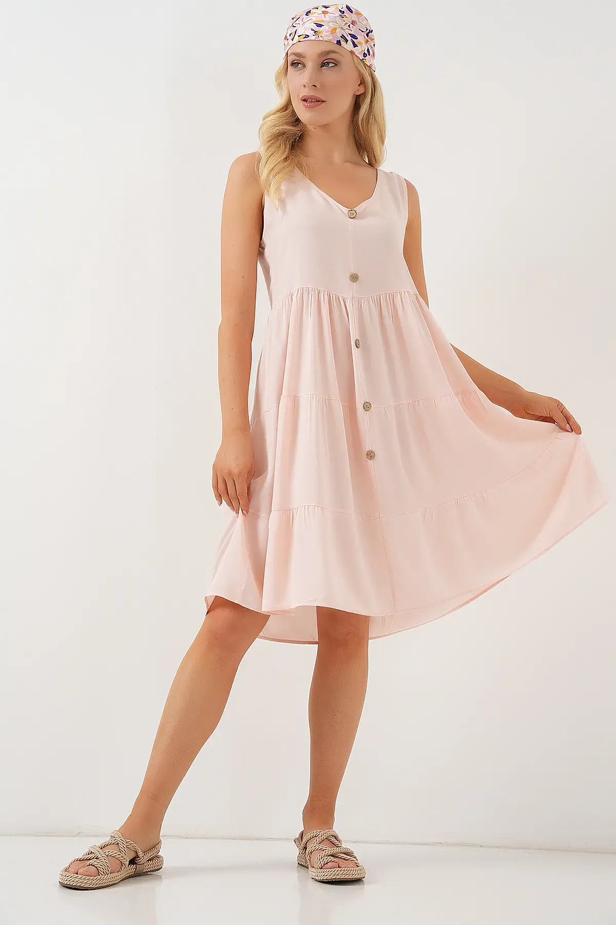 Kadın Sıfır Kol Düğmeli Kısa Elbise 2571 - Pudra