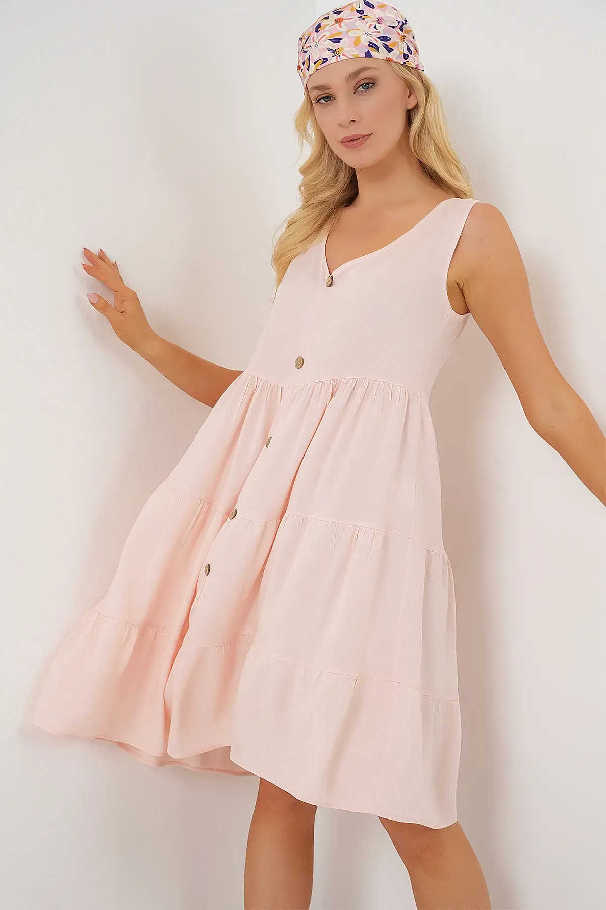 Kadın Sıfır Kol Düğmeli Kısa Elbise 2571 - Pudra