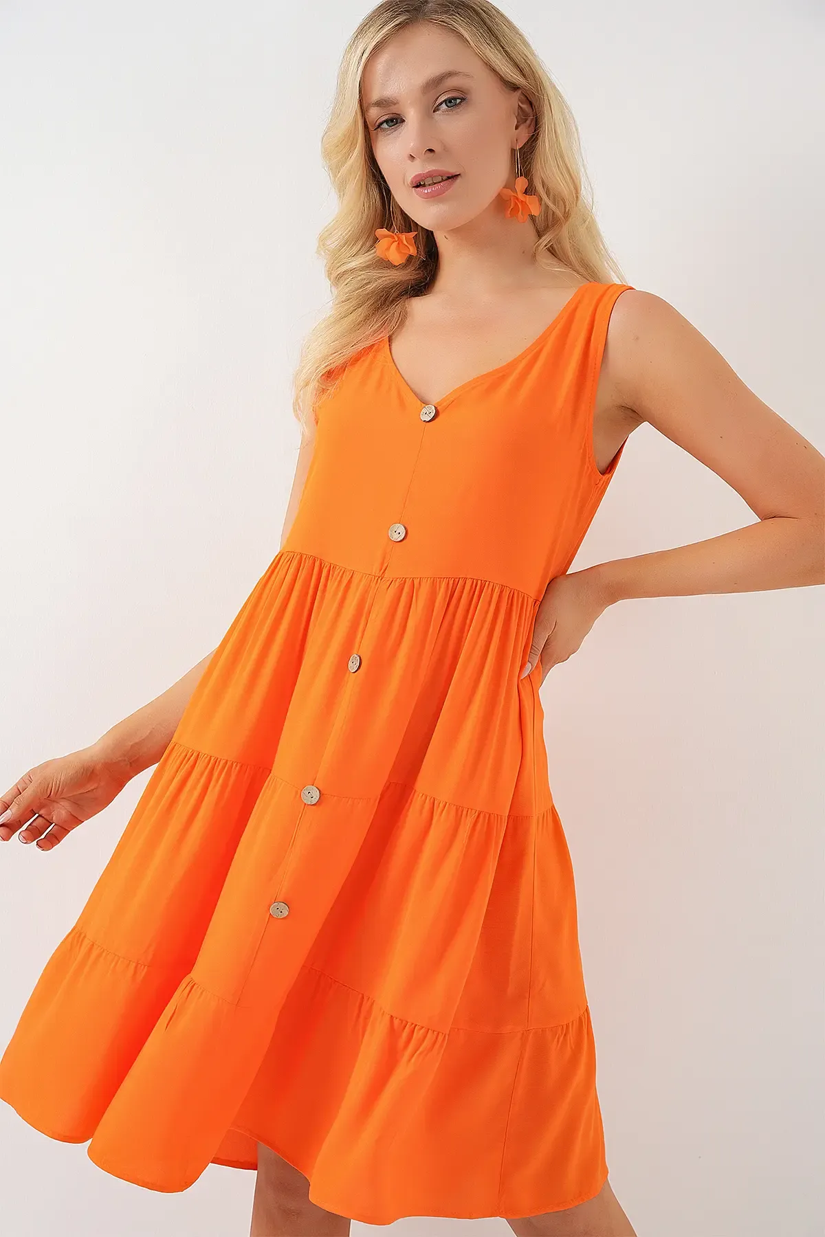 Kadın Sıfır Kol Düğmeli Kısa Elbise 2571 - Turuncu