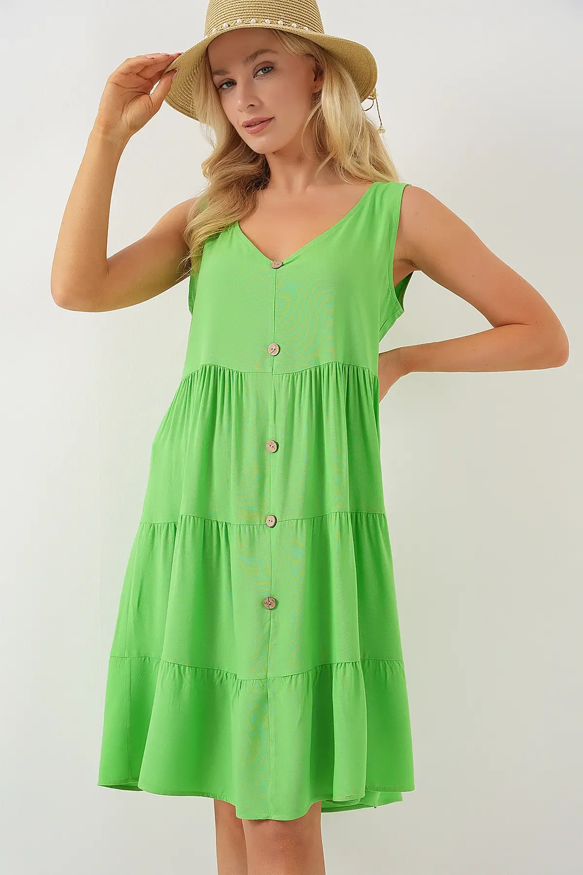 Kadın Sıfır Kol Düğmeli Kısa Elbise 2571 - Yeşil