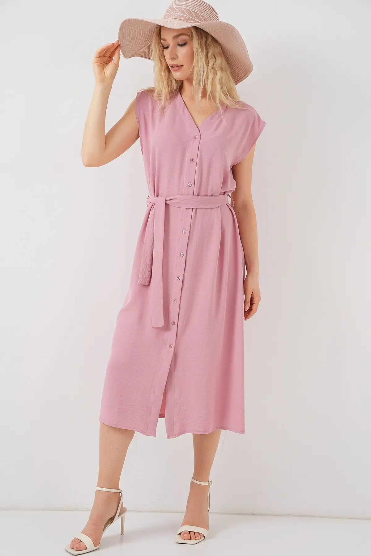 Kadın Sıfır Kol Kuşaklı Ayrobin Elbise 2568 - Pudra