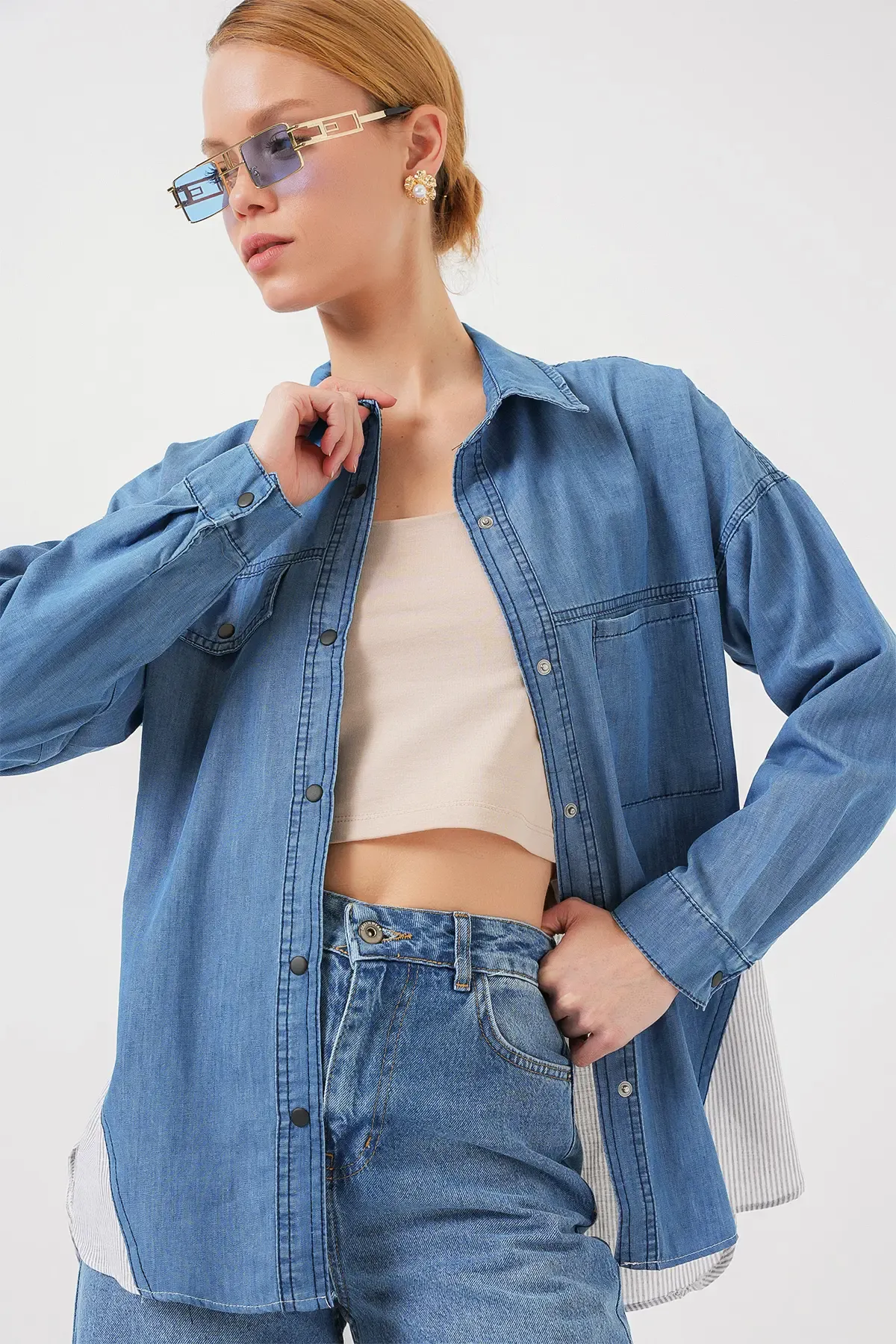 Kadın Sırt Detaylı Kot Gömlek 20305 - Mavi