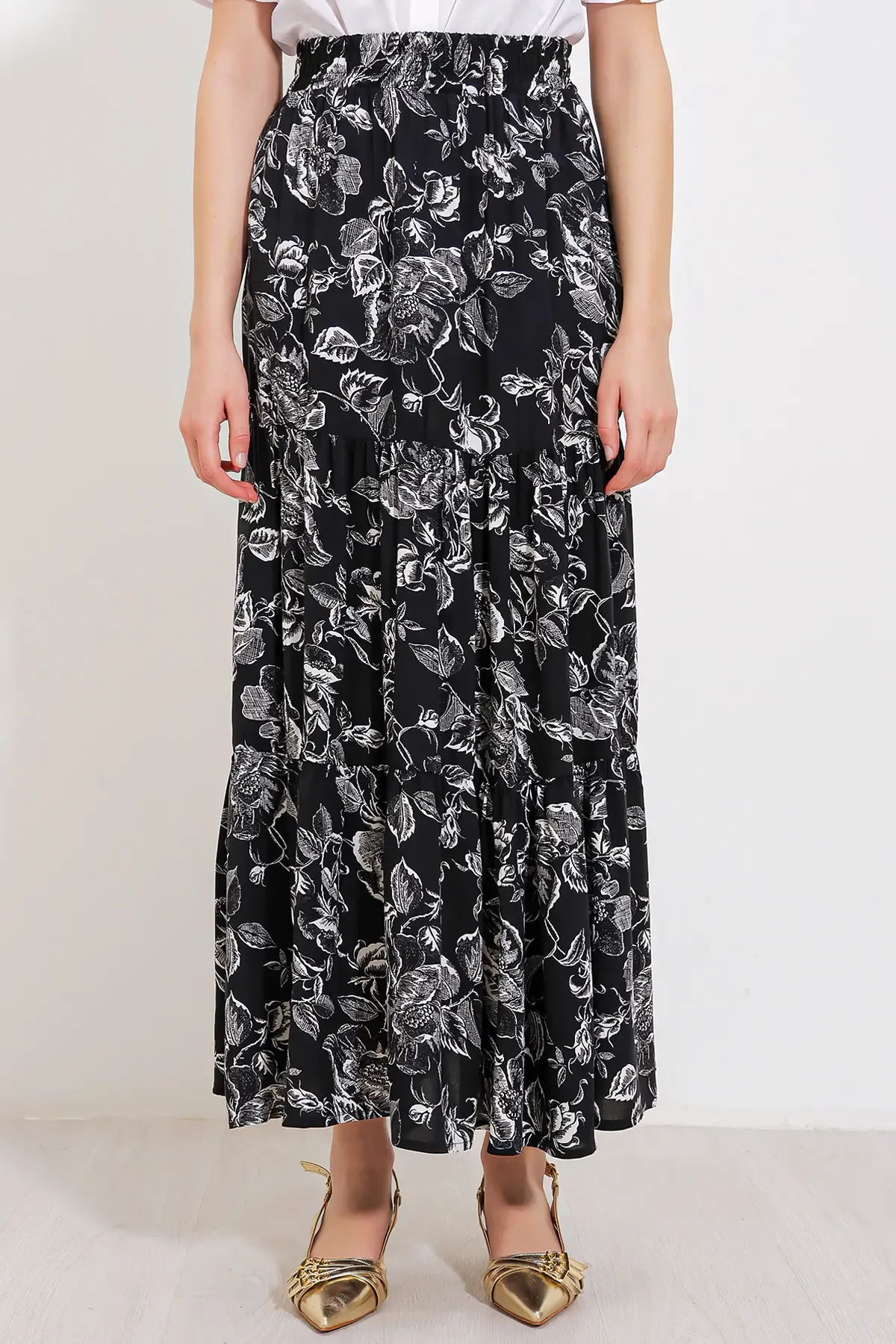 Kadın Siyah Desenli Uzun Viskon Etek 1898