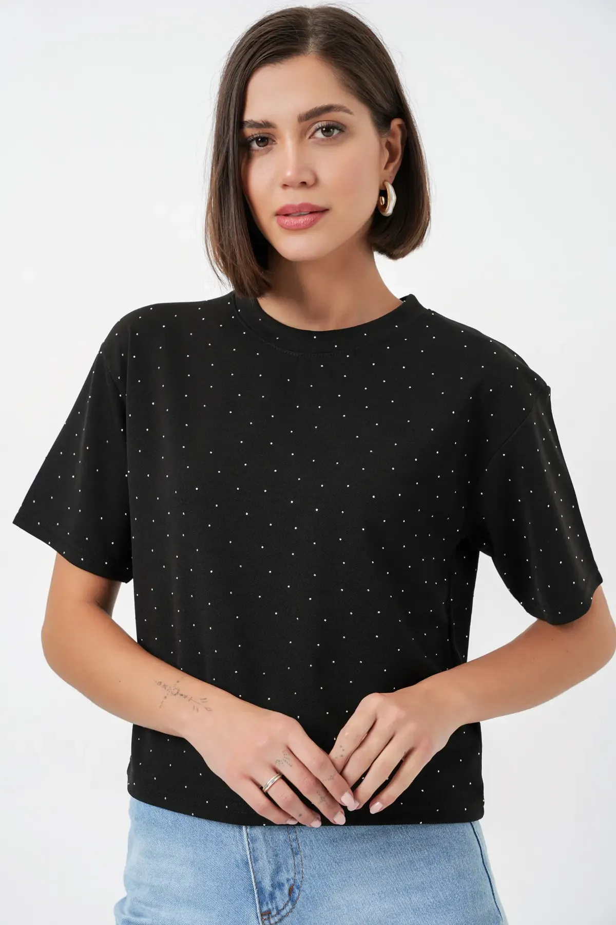 Kadın Taş Detaylı Tişört 990 - Siyah