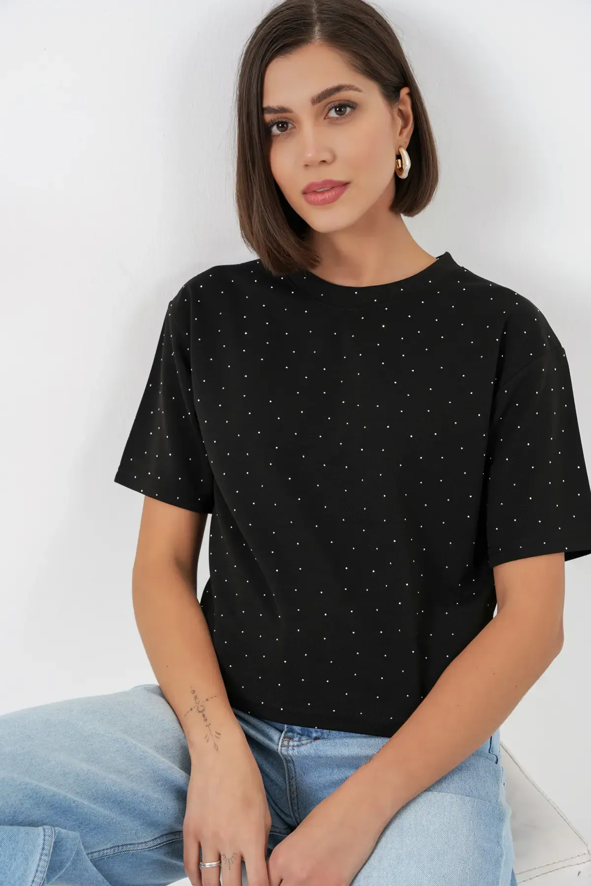 Kadın Taş Detaylı Tişört 990 - Siyah