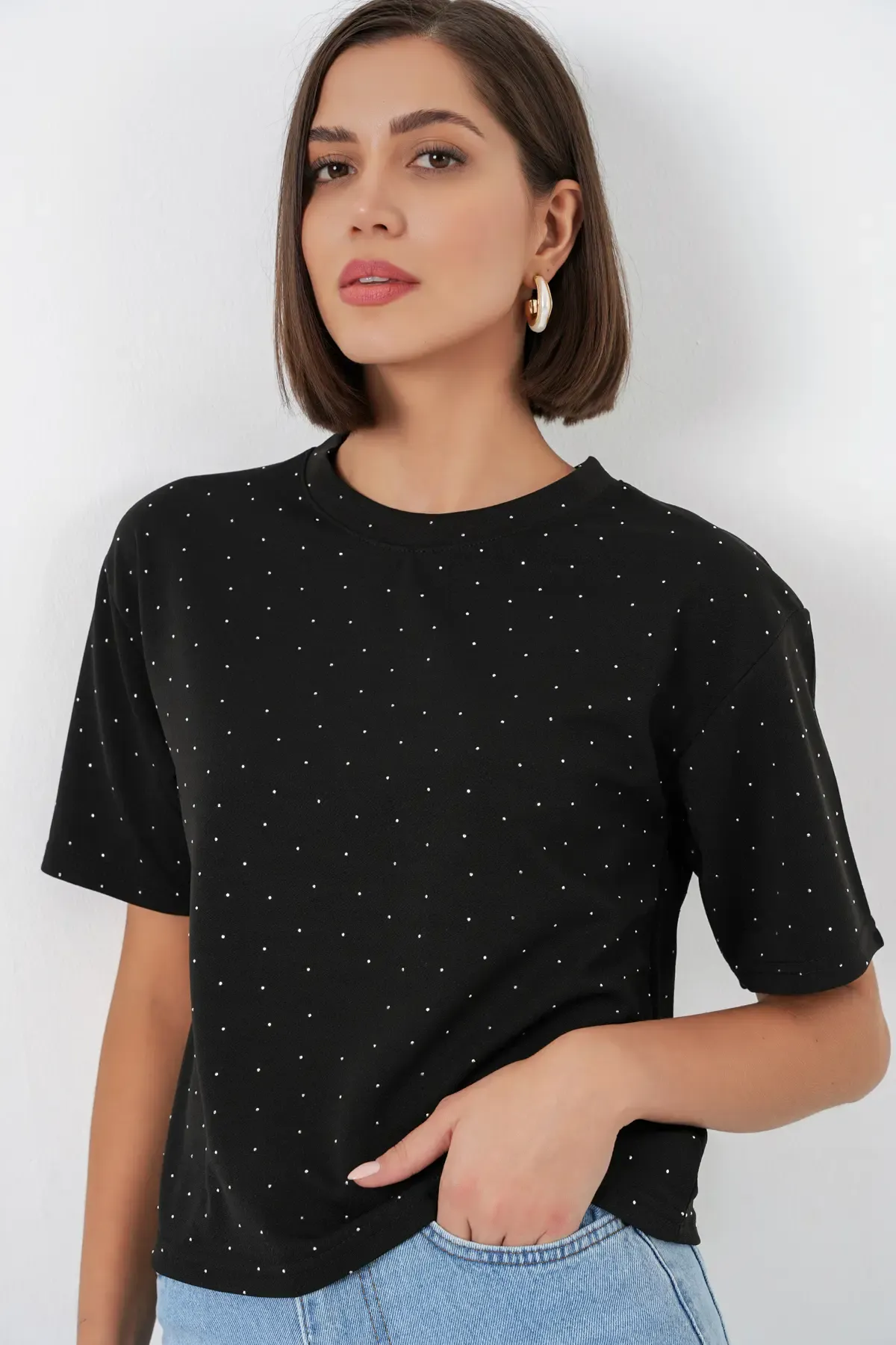 Kadın Taş Detaylı Tişört 990 - Siyah