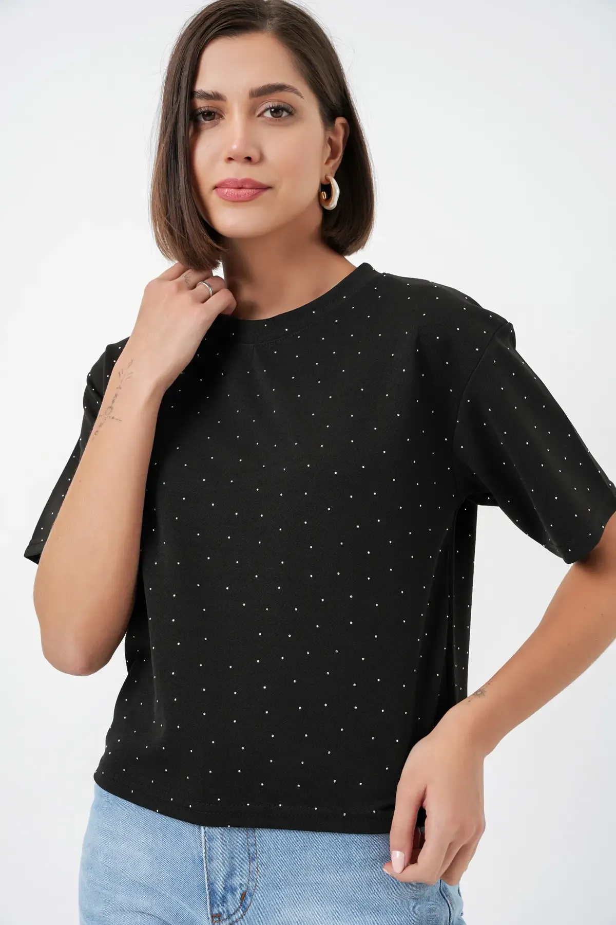 Kadın Taş Detaylı Tişört 990 - Siyah