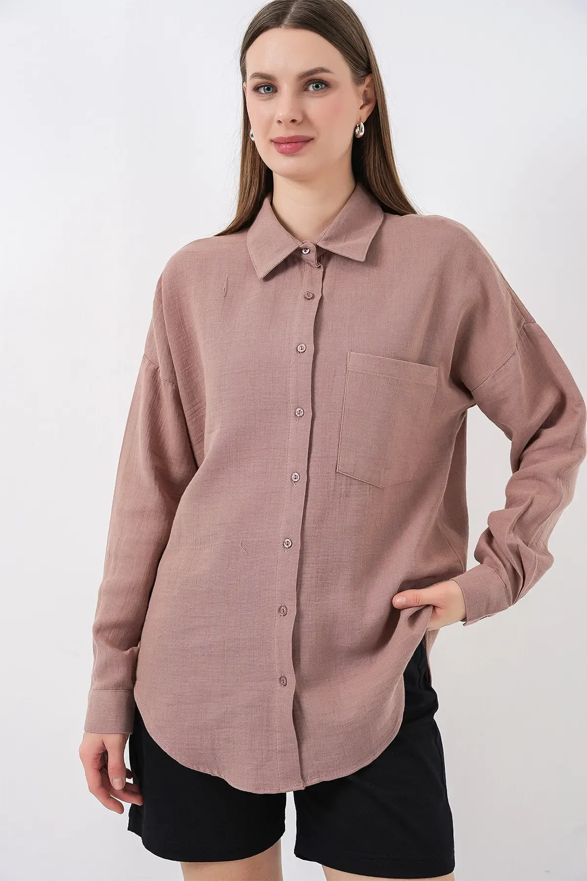 Kadın Tek Cepli Oversize Müslin Gömlek 20353 - Gül Kurusu