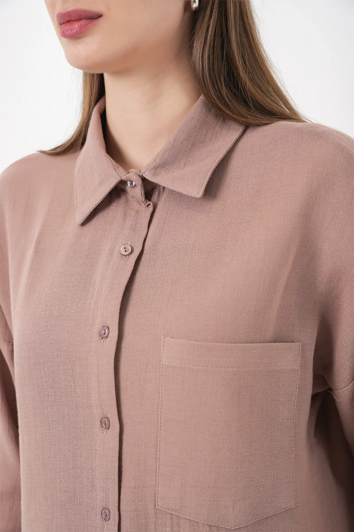 Kadın Tek Cepli Oversize Müslin Gömlek 20353 - Gül Kurusu