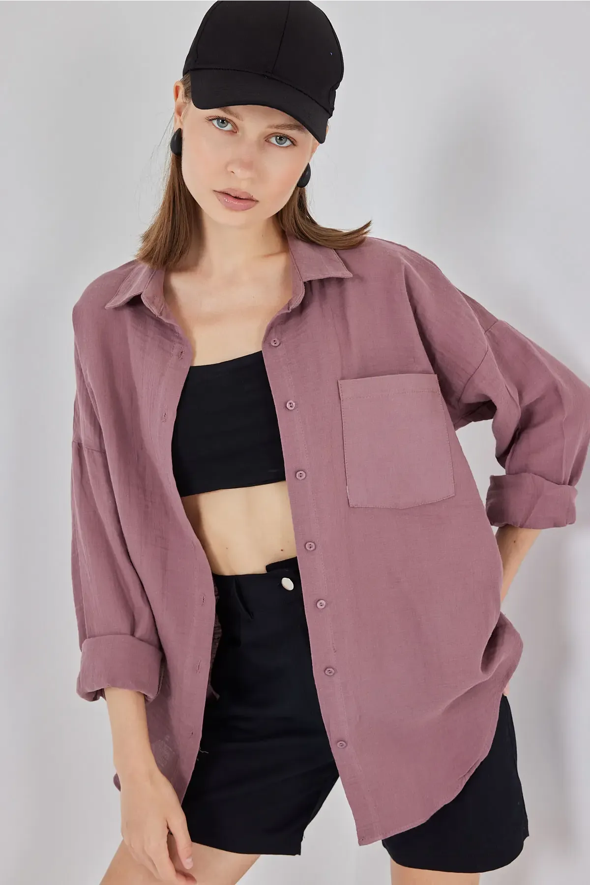 Kadın Tek Cepli Oversize Müslin Gömlek 20353 - Koyu Lila