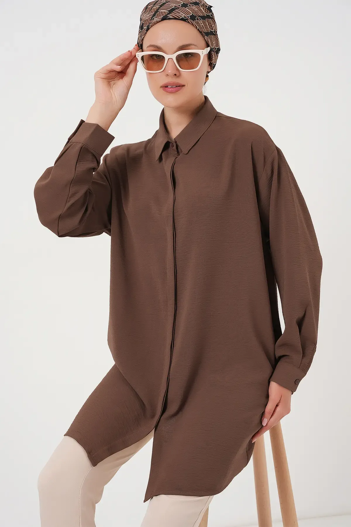 Kadın Uzun Gömlek Tunik 5945 - Kahverengi