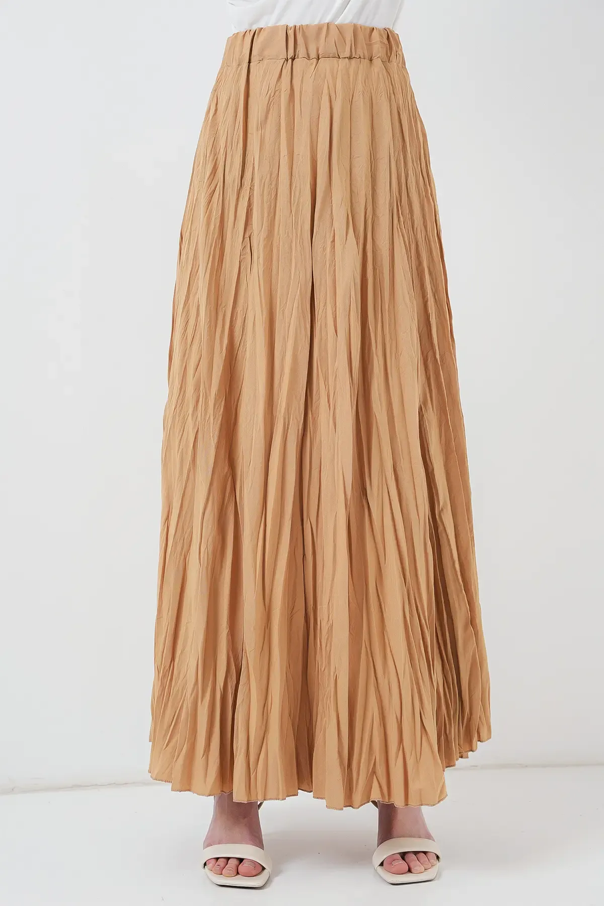 Kadın Uzun Kırışık Etek 8042 - Bisküvi