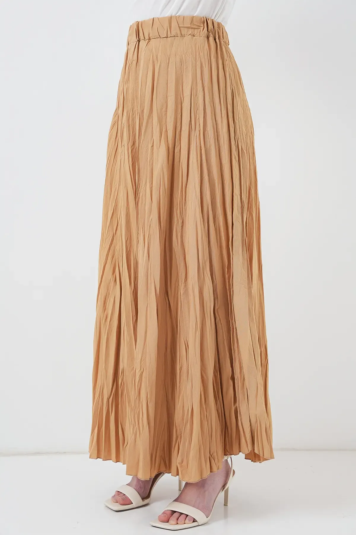 Kadın Uzun Kırışık Etek 8042 - Bisküvi