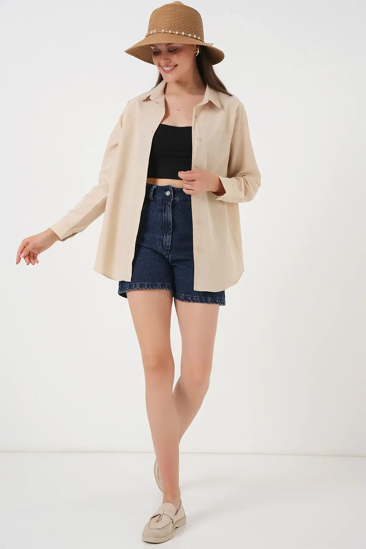 Kadın Uzun Kol Basic Gömlek 20279 - Bej