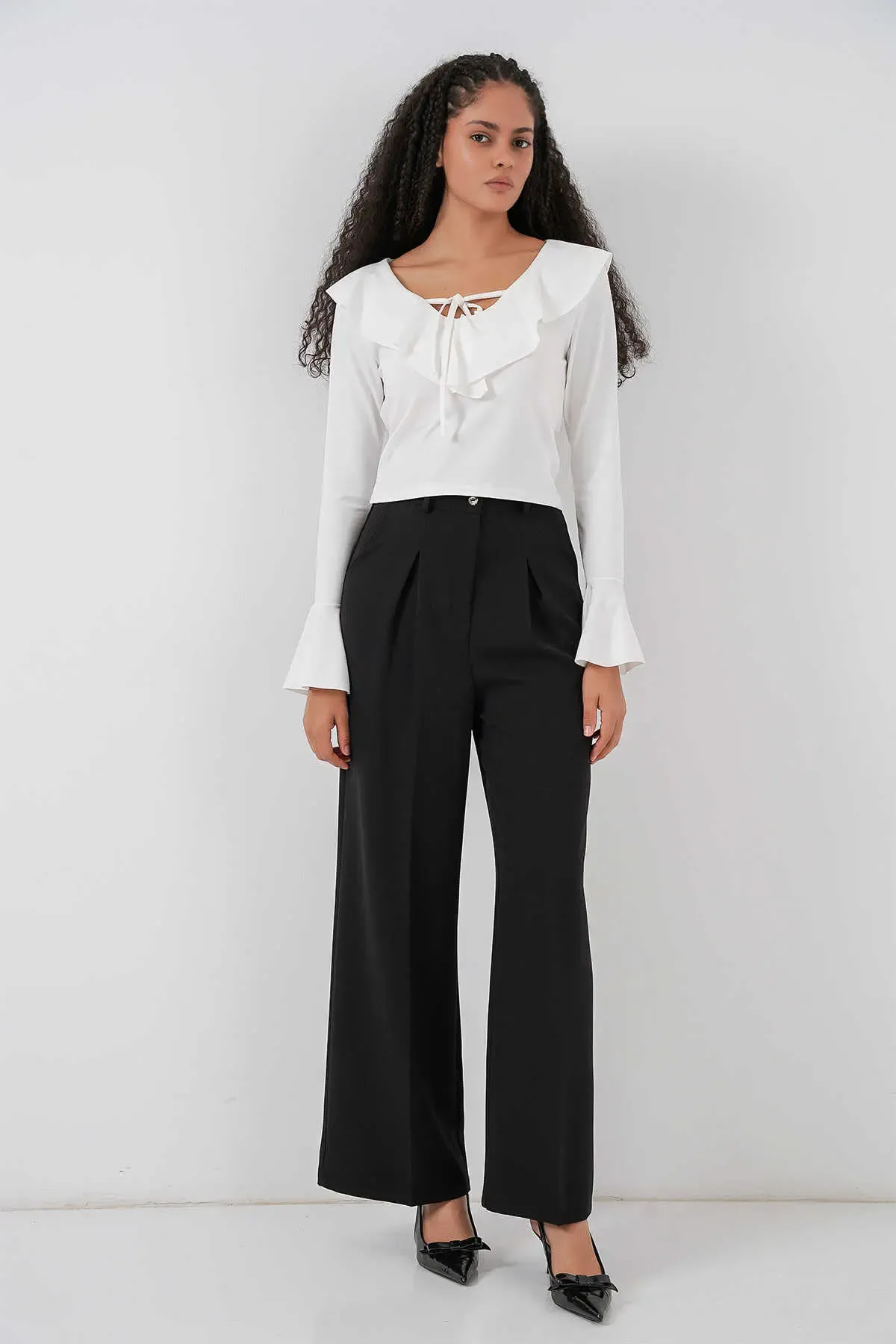 Kadın Uzun Kol Crop Bluz 979 - Beyaz