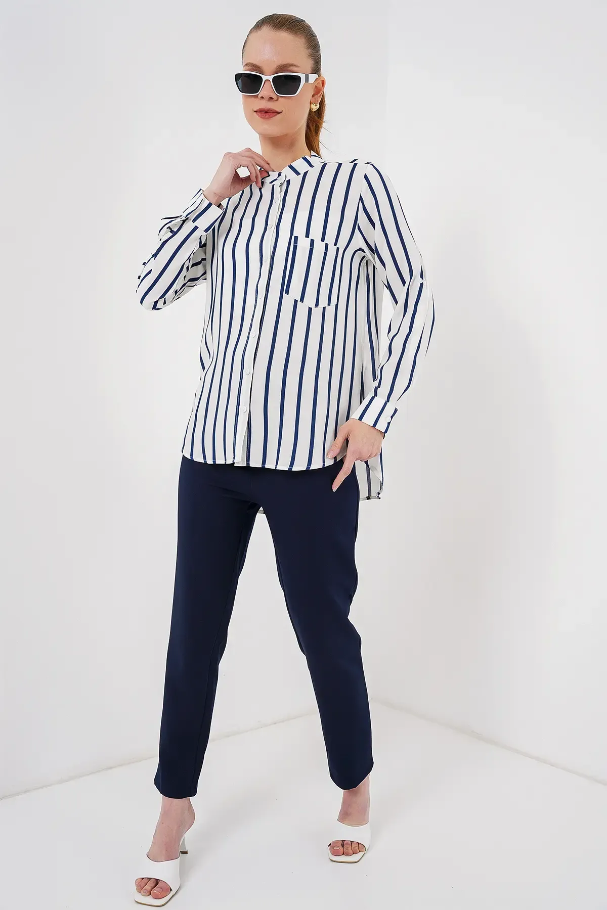 Kadın Uzun Kollu Çizgili Gömlek 20283 - B.Lacivert