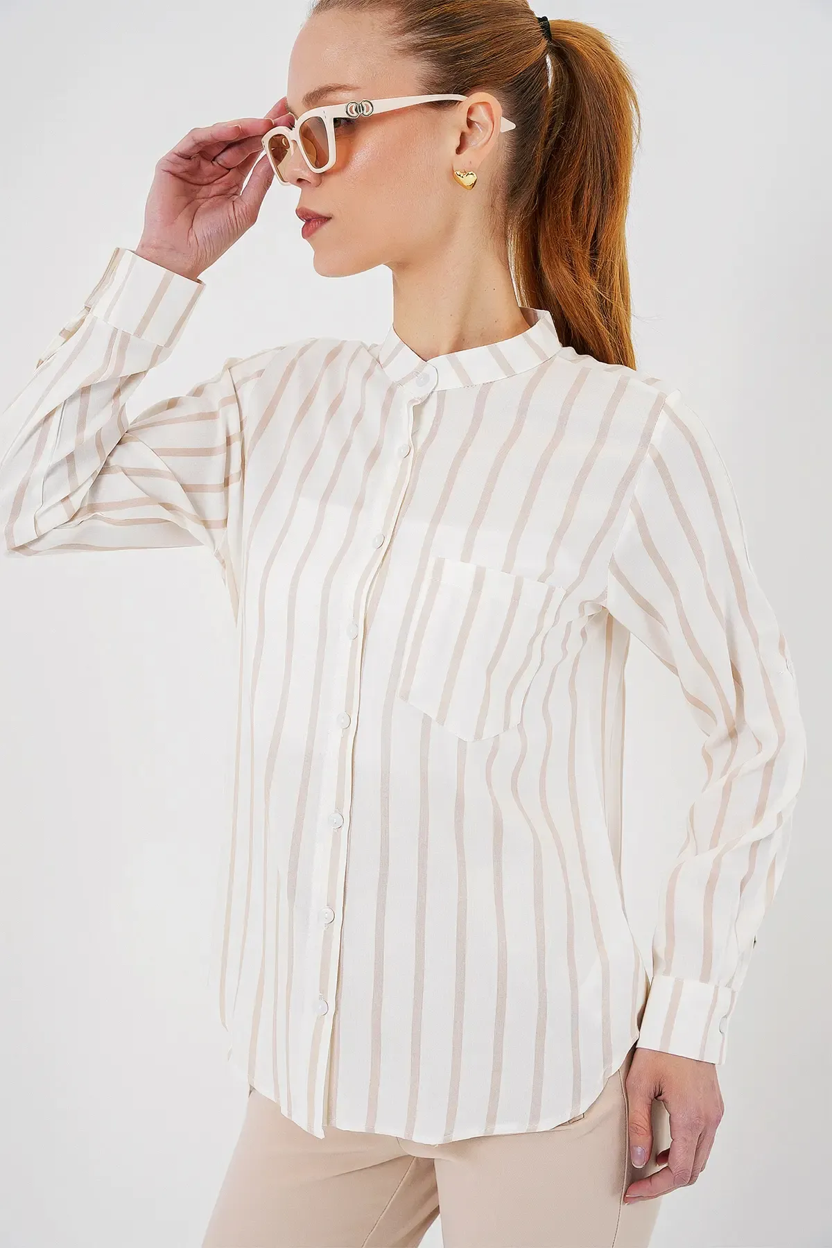 Kadın Uzun Kollu Çizgili Gömlek 20283 - Bej
