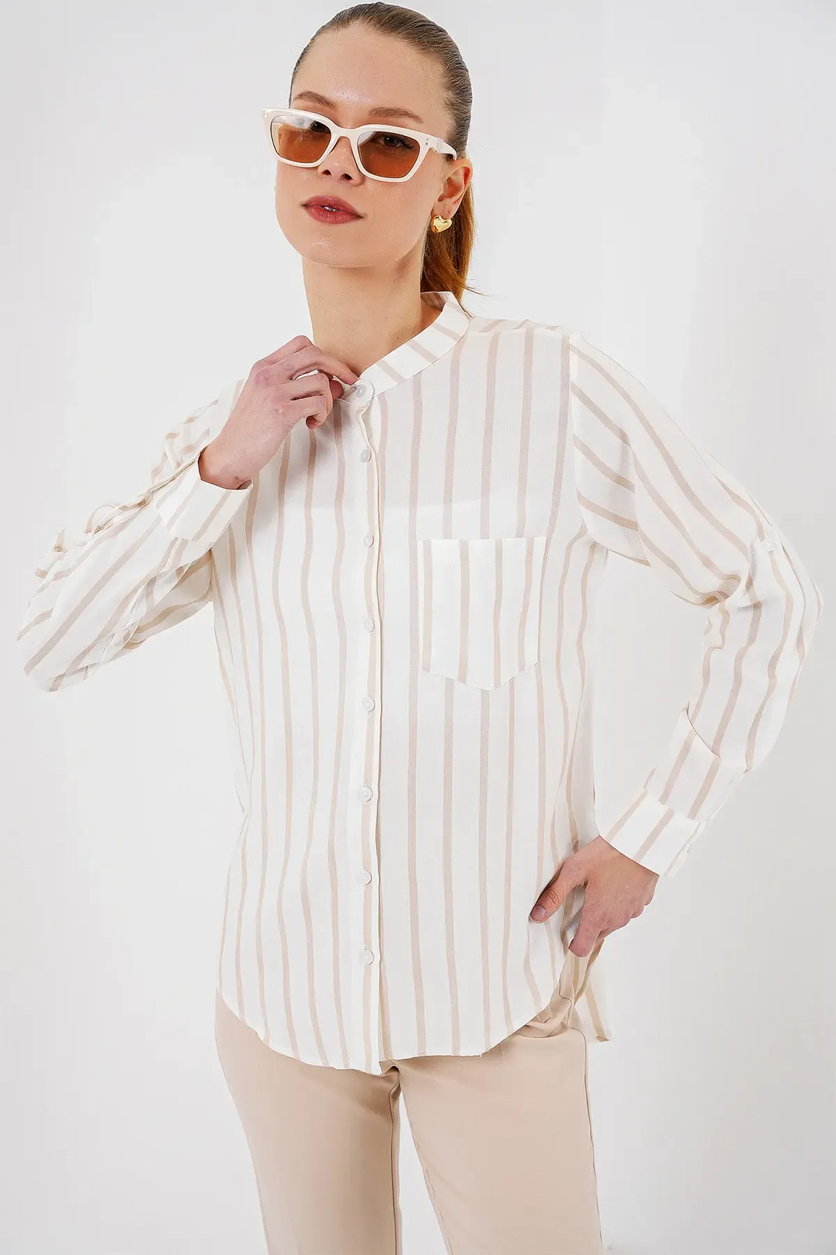 Kadın Uzun Kollu Çizgili Gömlek 20283 - Bej