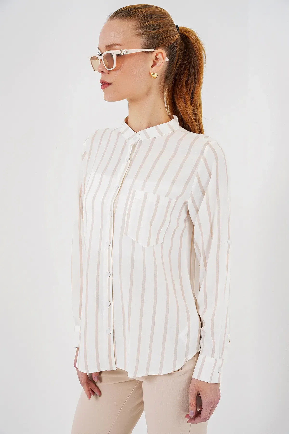 Kadın Uzun Kollu Çizgili Gömlek 20283 - Bej