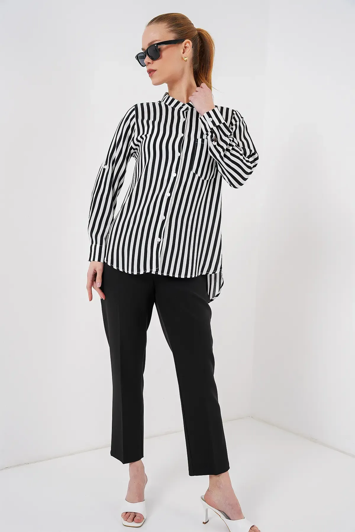 Kadın Uzun Kollu Çizgili Gömlek 20283 - Beyaz