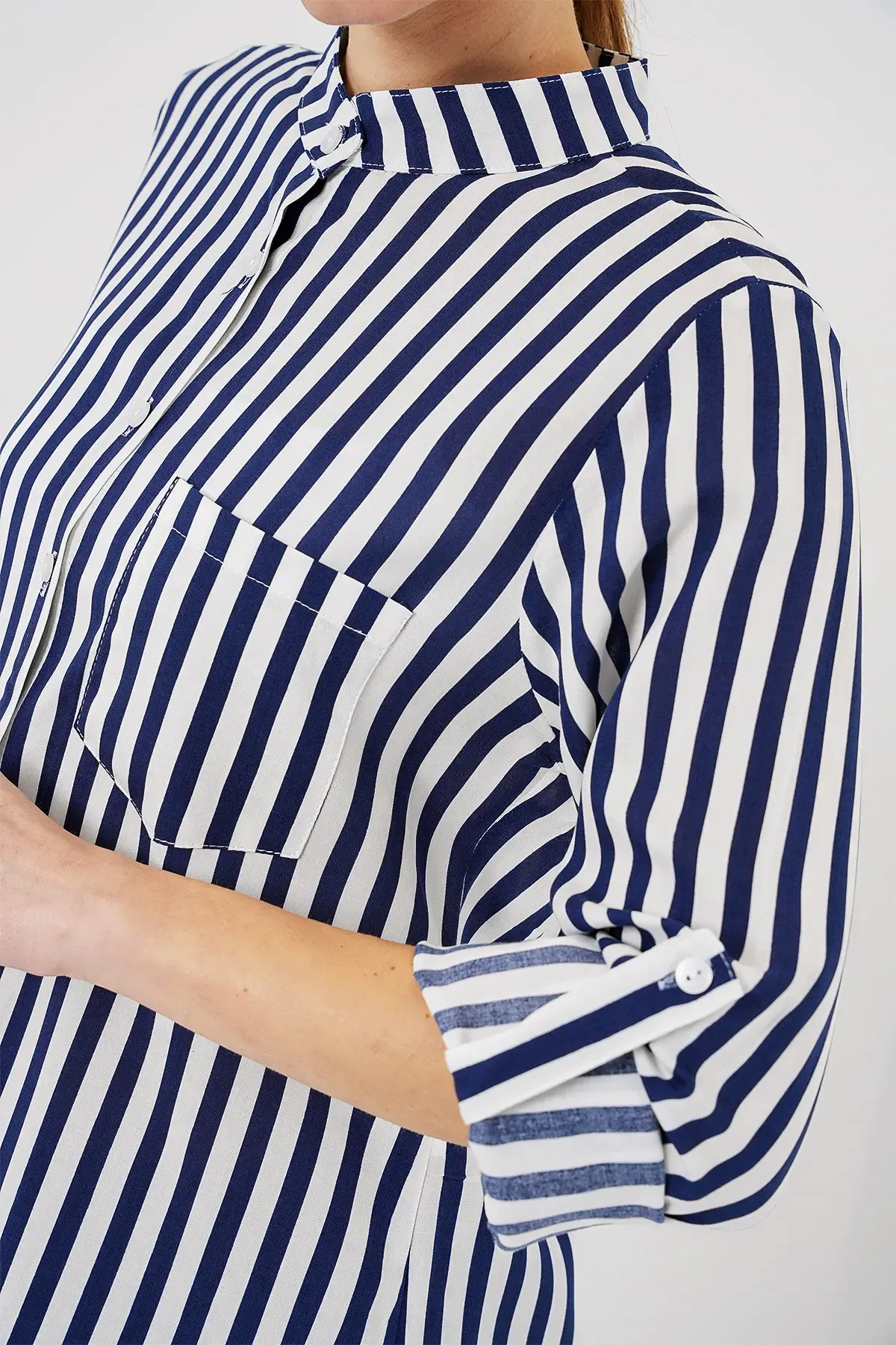 Kadın Uzun Kollu Çizgili Gömlek 20283 - Lacivert