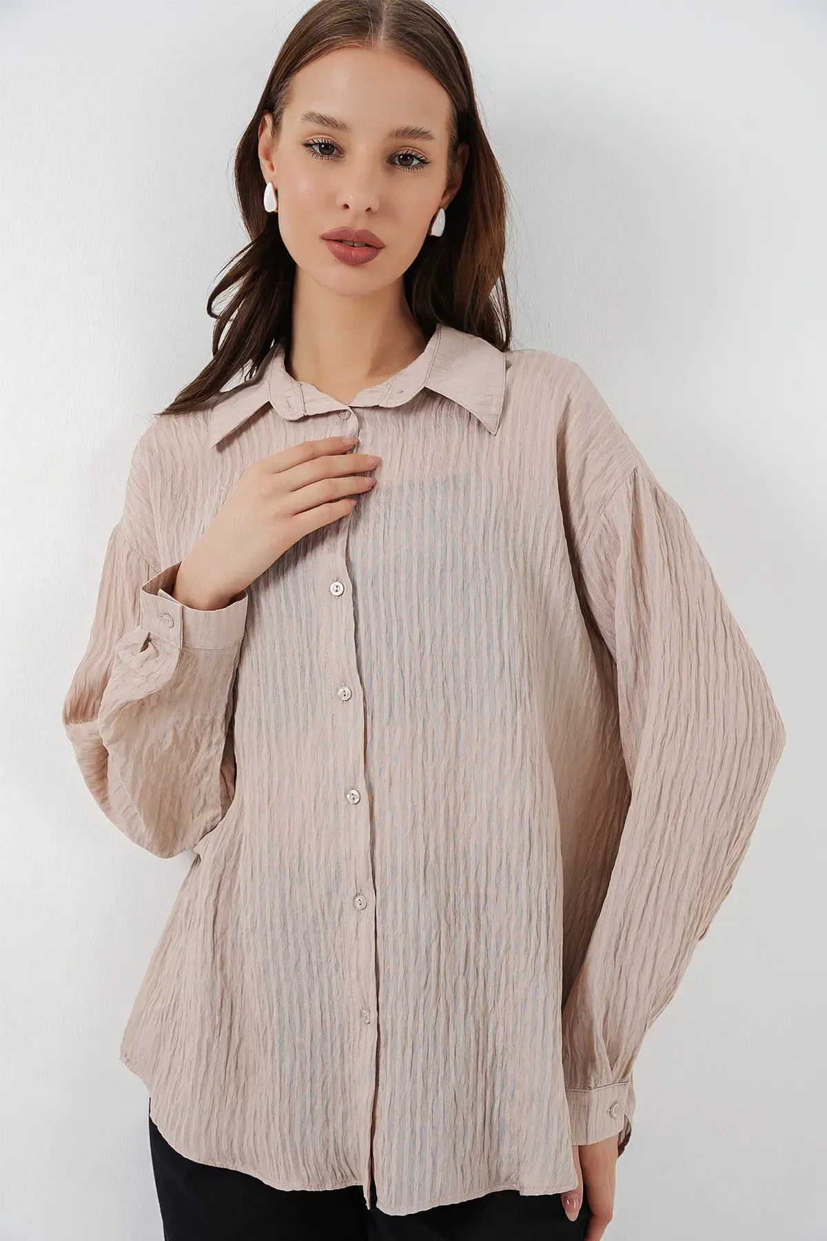 Kadın Uzun Oversize Gömlek 20320 - Bej